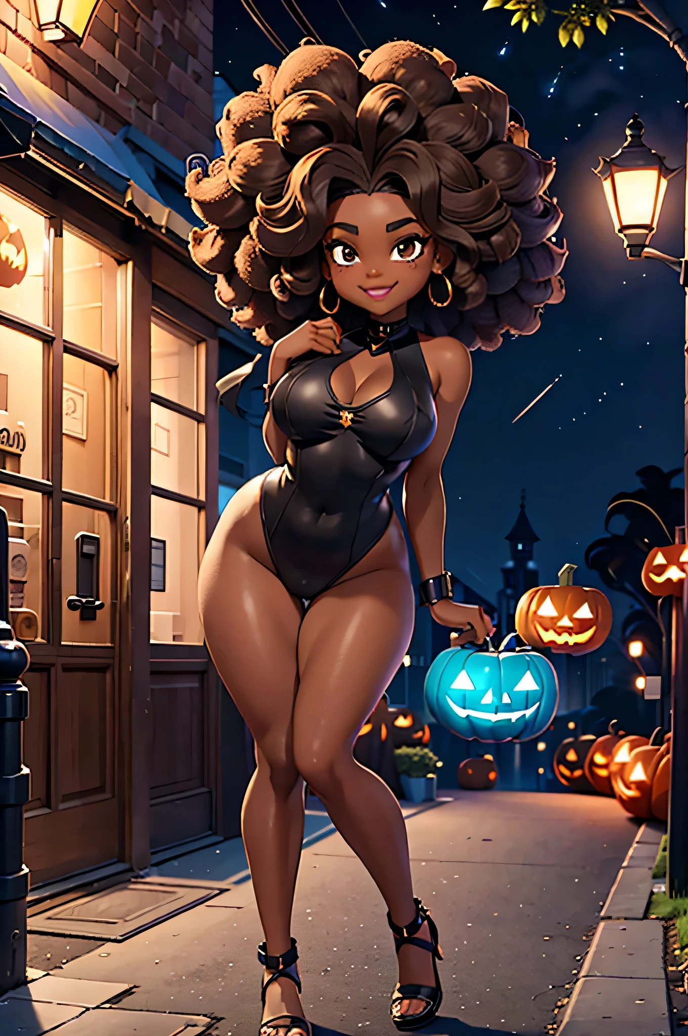 HD, dark skinned, young girl, age 8, humanoid, honey, brown eyes, (((brown eyes))), black afro hair, (((afro hair))), Jackie Parris, ((((Jackie Parris)))), full body cgsociety, 3 d character art, full character body, detailed full body concept, stylized character, erotica, ((young girl, 1girl, age 8)), ((complex detailed background, street, outside, night time, Halloween)), chubby, small, short, action pose, smiling, wearing cat costume, Halloween, black cat, leotard, fishnet stockings, car ears, cat tail