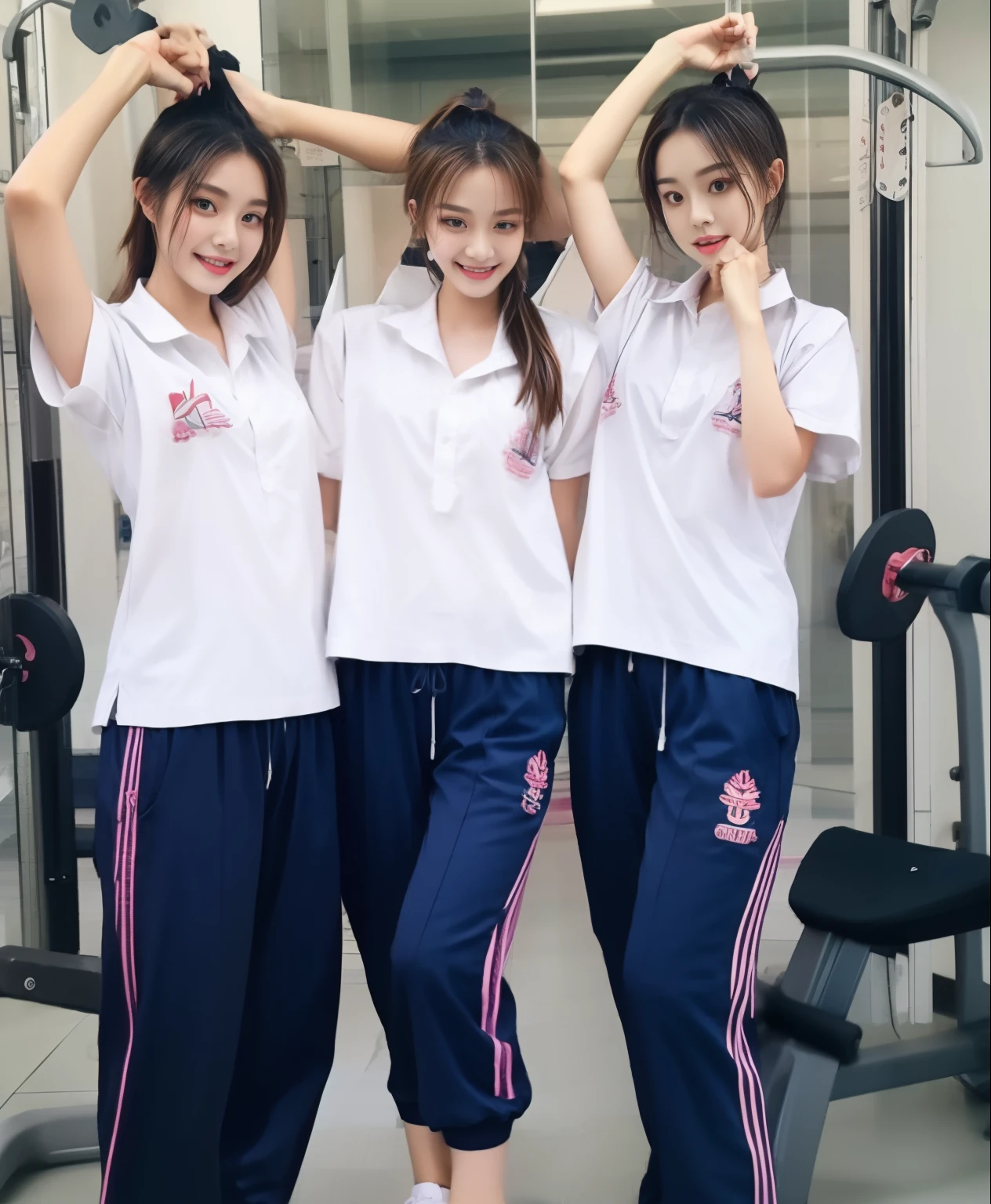 3 girls in fitness center, Navy blue short-sleeved shirt,Navy Long Trackpant,Sweatpants, Sweatpantsขายาว,25 year old girl, lesbian, sexy, exercise clothes, wet body, exercise clothes