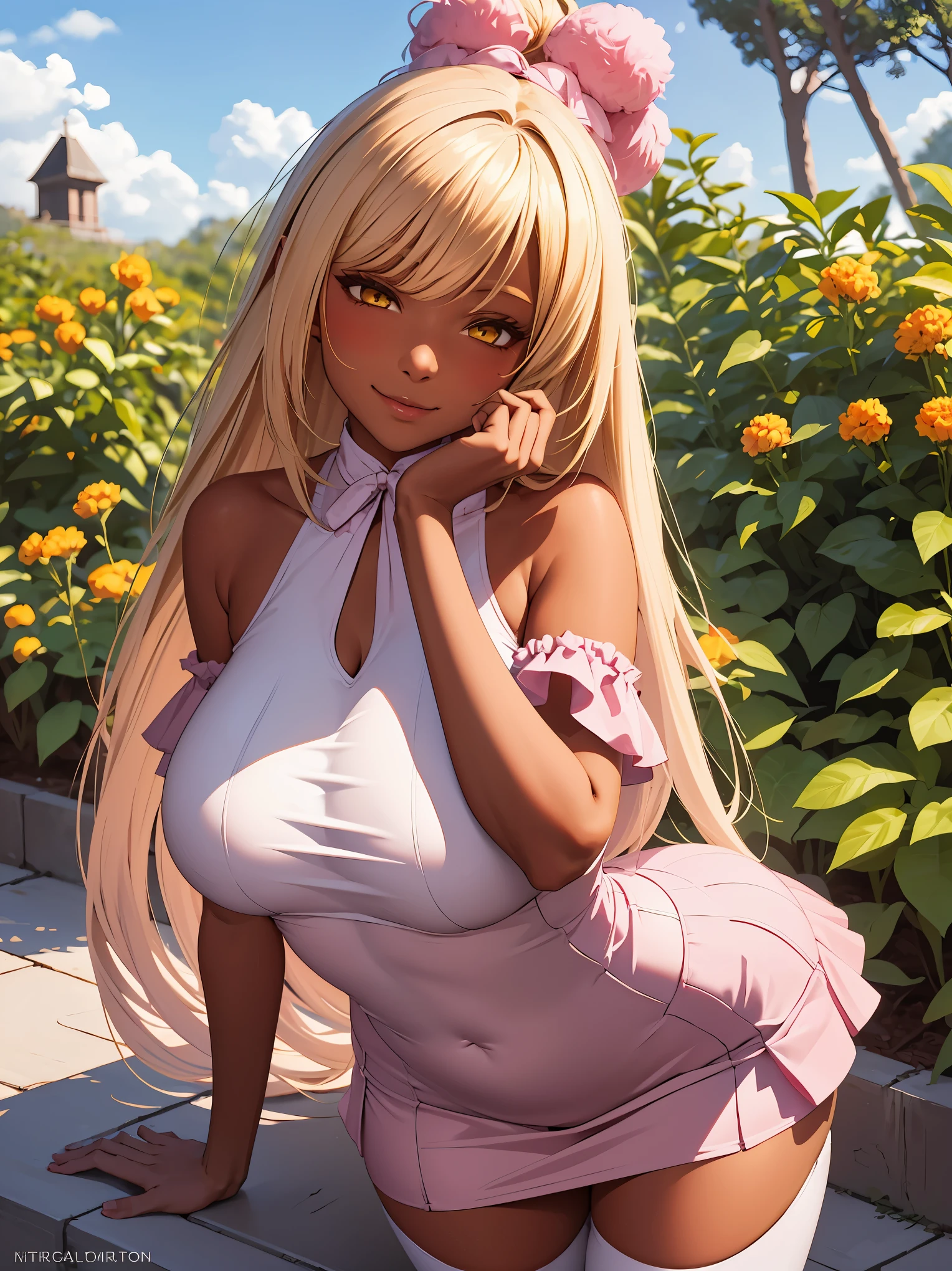 half-closed eyes, evil smile, garden background, lace, ((blonde hair)), seductive smile, (orange skin), (tan skin), ((dark skin)), high ponytail, pink pompom hair ornament, impossible clothes, masterpiece, yellow eyes,), (full pink lips), intricate detail, close up, face only, long hair, hime hair, gyaru, (jirai kei), sidelocks, huge thighs, doll face, Solo, 1girl, skirt, pink dress, pink ribbons, white thighhighs, mature, bodycon