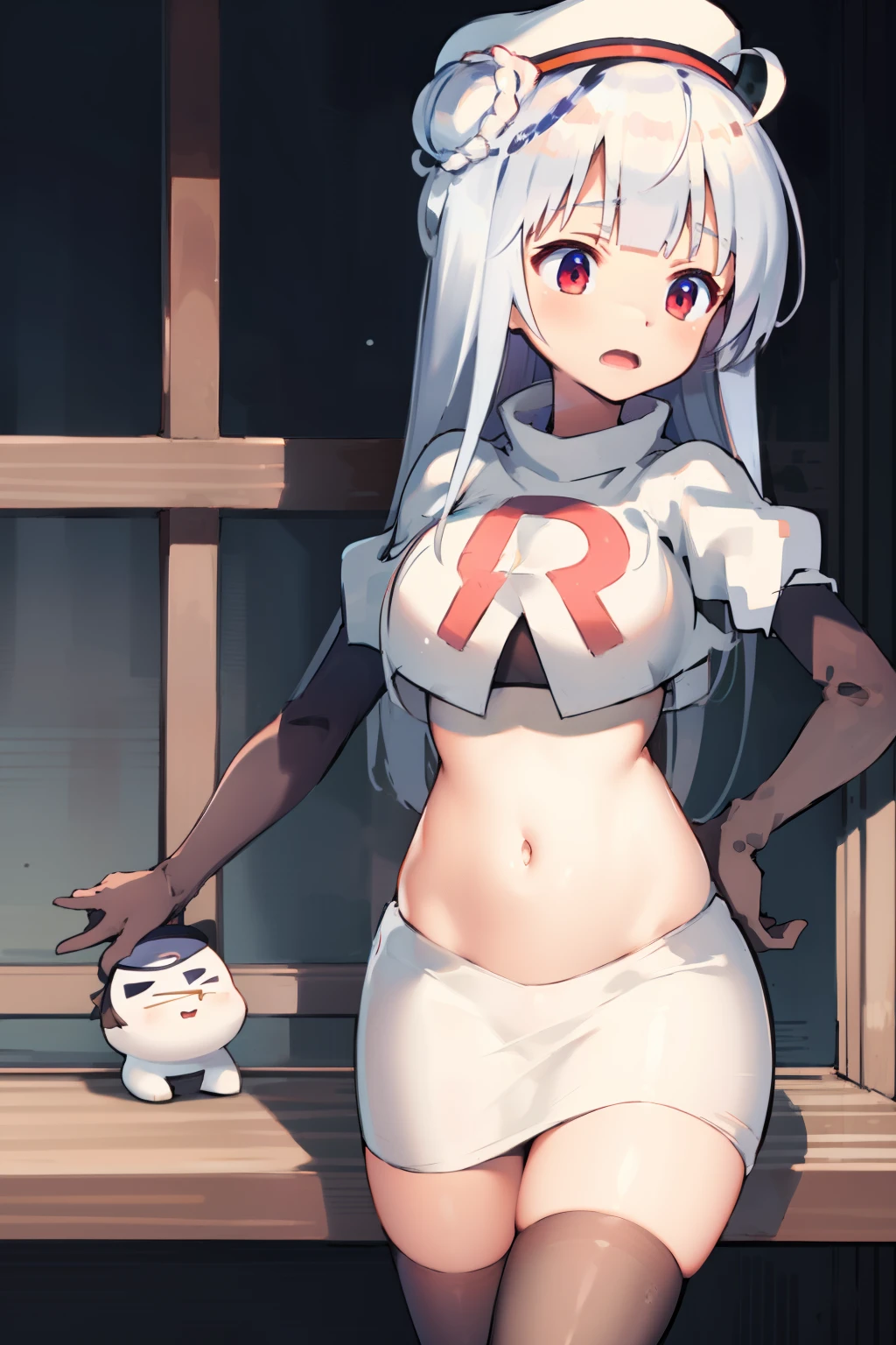 cygnet \(azur lane\), hat, team rocket,team rocket uniform,white skirt,red letter R,crop top,black thigh-highs,black elbow gloves