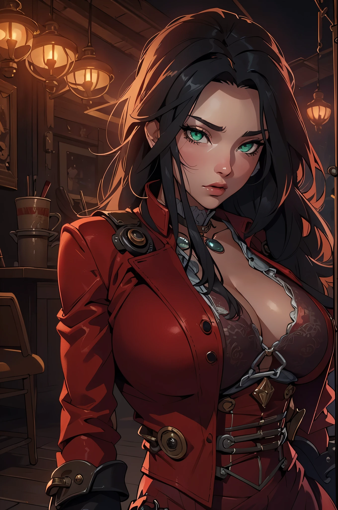 ((deep in the night, Need, 8K, tmasterpiece:1.3)),(realisticlying:1.4),RAW photogr,figure portrait,Very wide lens,closeup cleavage,(True skin texture:1.3),(filmgrain:1.3) Focalors:1.2, perfect figure beautiful woman:1.4, ((Long dark black bright hair, greeneyes, huge tit:1.2 )), ((red outfit, long red skirt, posch design, red long dress:1.4), cropped shoulders,, standing on your feet:1.2), ((steampunk lounge night scene, )), Highly detailed facial and skin texture, detailed