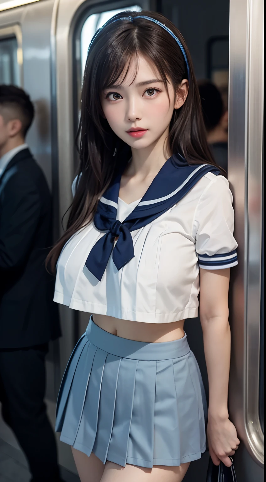 (highest quality:1.4), (hyper quality), (Super detailedな), Beautiful Girls, Super cute, wonderful face and eyes, Very realistic skins, (very shy face), (not looking here), (White school uniform:1.2, Light blue pleated mini skirt:1.5), (Beautiful and incredibly big breasts:1.3), (slender body:1.1), (long thin legs), (thin waist), real skin texture, crystal clear very white skin, (bangs, Hair Accessories), Beautiful Goddess Advent, beautiful background, golden ratio, conceptual art, Super detailed, Accurate, advanced details, In a crowded train, (Close contact with high school girls:1.2), (My chest is pressed against my chest.:1.2), Composition looking down on the girl from above, sexy art, surrounded by a beautiful sunset, bright light, Super delicate illustration details, Highly detailed CG integrated 8K wallpaper, RAW photo, professional photos, cinematic lighting, Depth of bounds written, No bra, (The nipple protrusions push up the uniform), (The shape of the nipple protrusions through the uniform:1.3), cropped tops, (High heels on bare feet:1.1)
