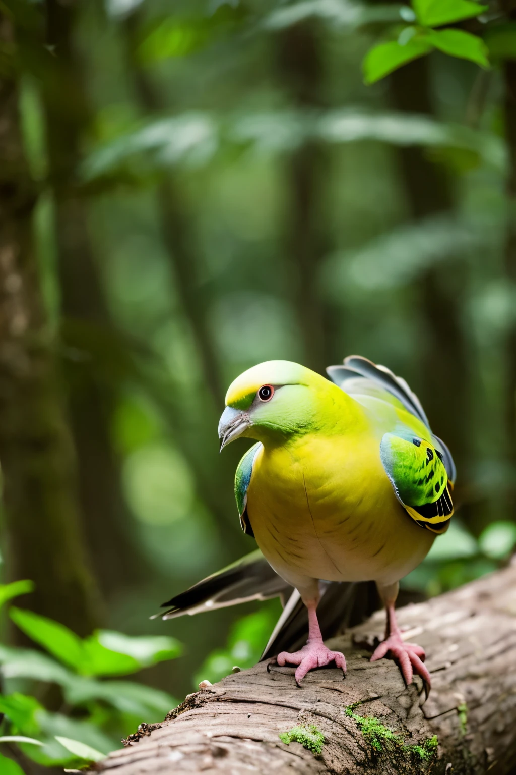 Green pigeon eating food in the forest space