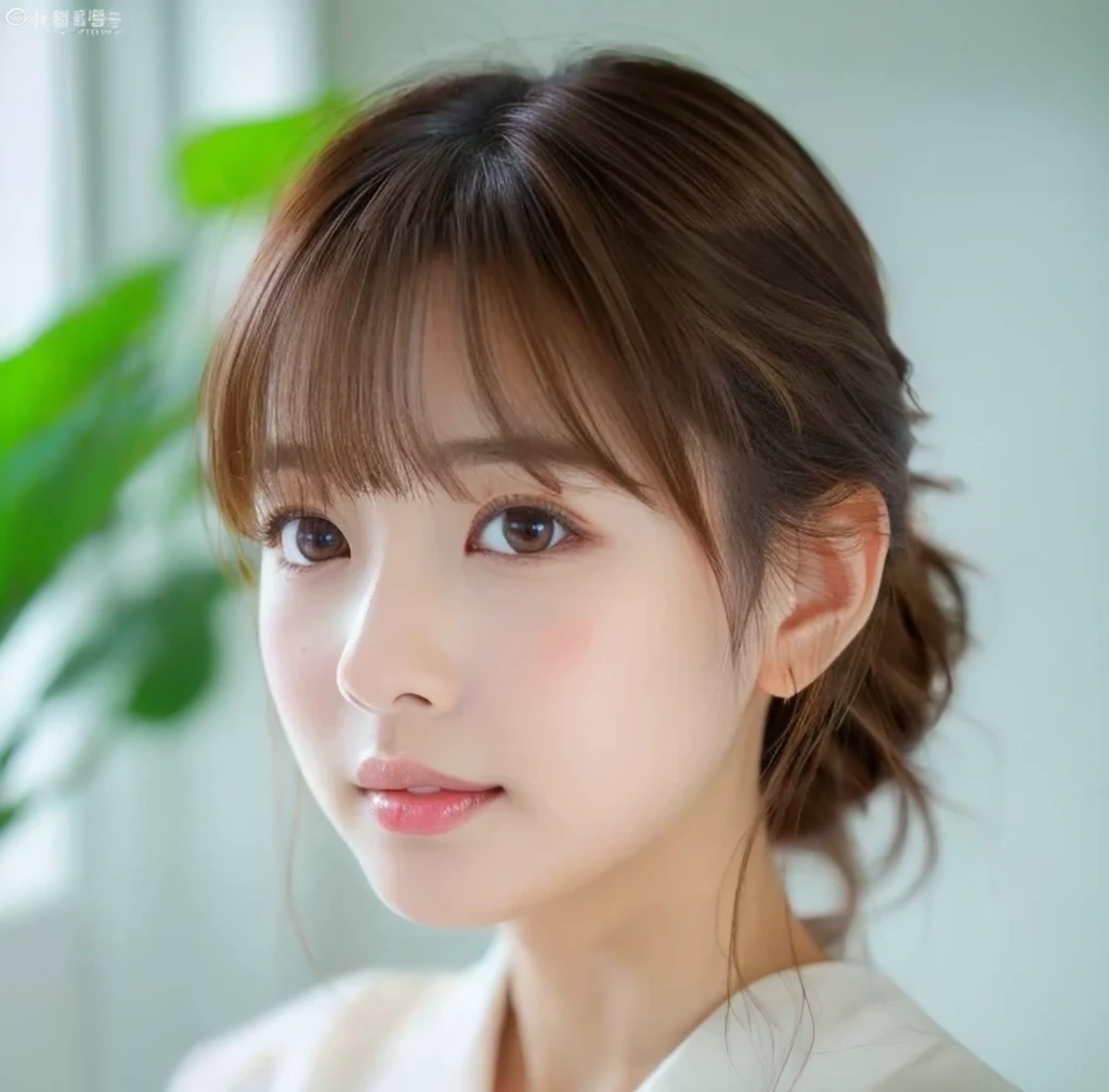 ((cute日本の女の子、beautiful japanese girl、1 girl、19 years old、Highly detailed face and skin texture、super detailed face、highly detailed eyes、Lee Hong、blush、ponytail、close-up of woman、front、cute、Highly detailed face and skin texture、smooth white skin、Transparent skin texture、))、(dark brown hair)、look at the camera、sharp focus:1.2、beautiful woman with perfect style:1.4、japanese model、young gravure idol、若いcuteグラビアアイドル、Realistic young gravure idol、sophisticated gravure idol、((highest quality、8K、masterpiece:1.3、1photograph))、(4K、RAWphotograph、highest quality)、Place someone on the other side of the screen、Natural light、((morning、noon、Bright interior、white room、Sense of cleanliness、bedルーム、bed、観葉plant、plant))、