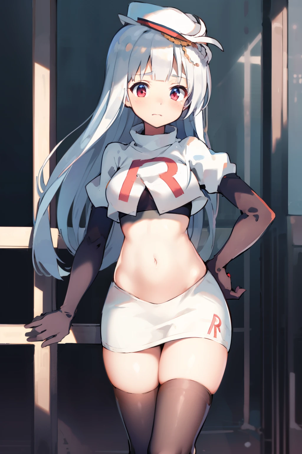 cygnet \(azur lane\), hat, team rocket,team rocket uniform,white skirt,red letter R,crop top,black thigh-highs,black elbow gloves