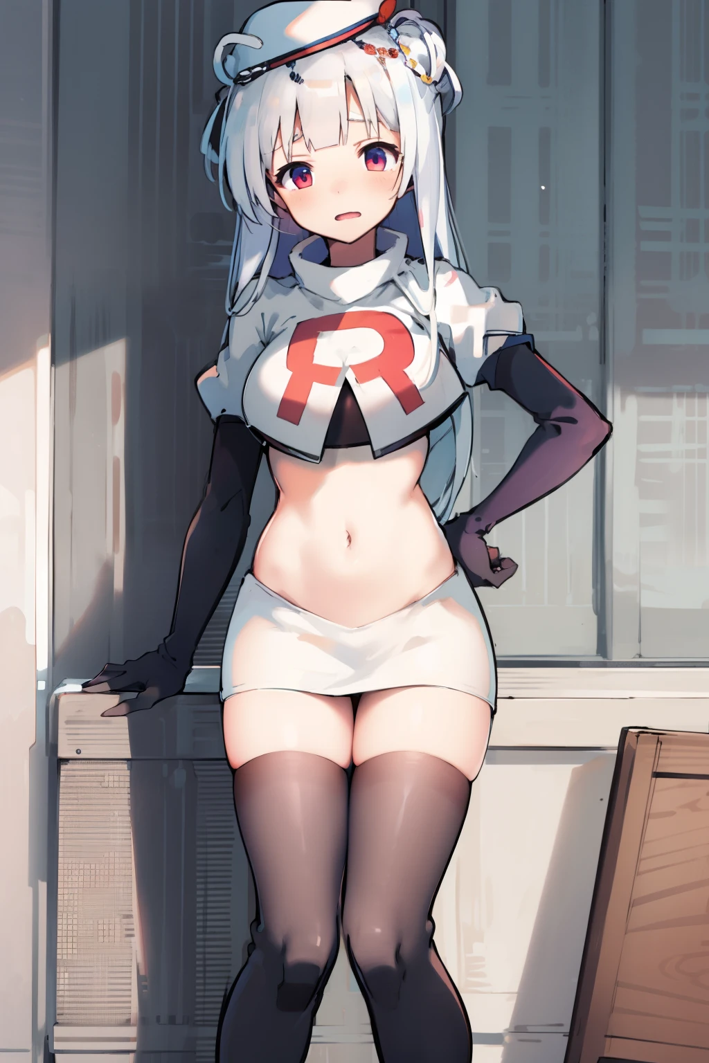 cygnet \(azur lane\), hat, team rocket,team rocket uniform,white skirt,red letter R,crop top,black thigh-highs,black elbow gloves