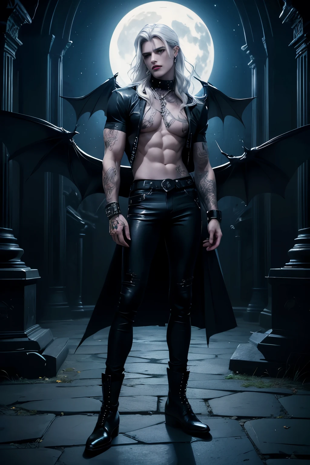((Best quality)), ((masterpiece)), (detailed), ((perfect face)), ((halfbody)) perfect proporcions, He is a handsome dark angel, he is 18 years old, he has long wavy white hair, white skin, abs and marked hips, he wears a black T-shirt and tight pants, bare chest, badass, He wears combat boots, he has gothic makeup, piercings and tattoos, there is a full moon behind him, night sky in the background, there are stone statues behind him, the background and bats flying, vampire ambience((perfect face)) fullbody+, dynamic pose, there is a full place behind him, night sky in the background ((perfect face)) fullbody+ , vampire ambience, white hair, white wings