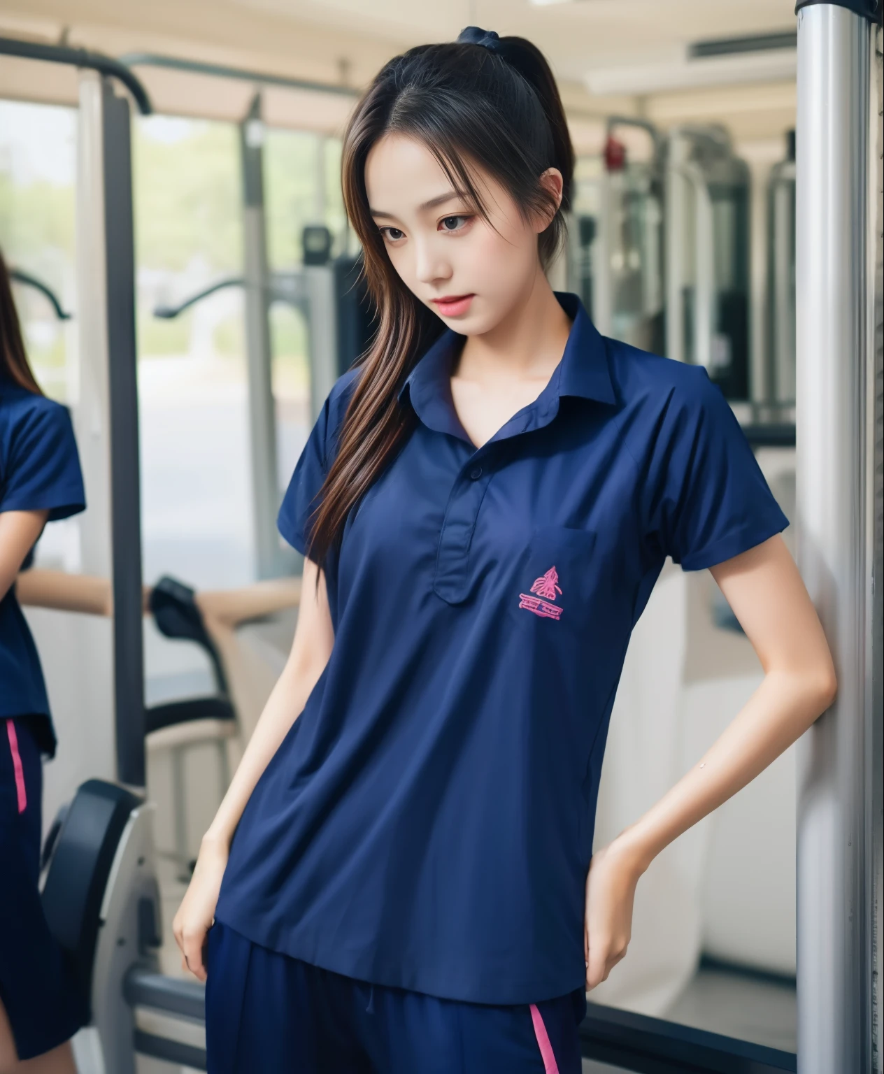 3 girls in fitness center, Navy blue short-sleeved shirt,Navy Long Trackpant,Sweatpants, Sweatpantsขายาว,25 year old girl, lesbian, sexy, exercise clothes, wet body, exercise clothes