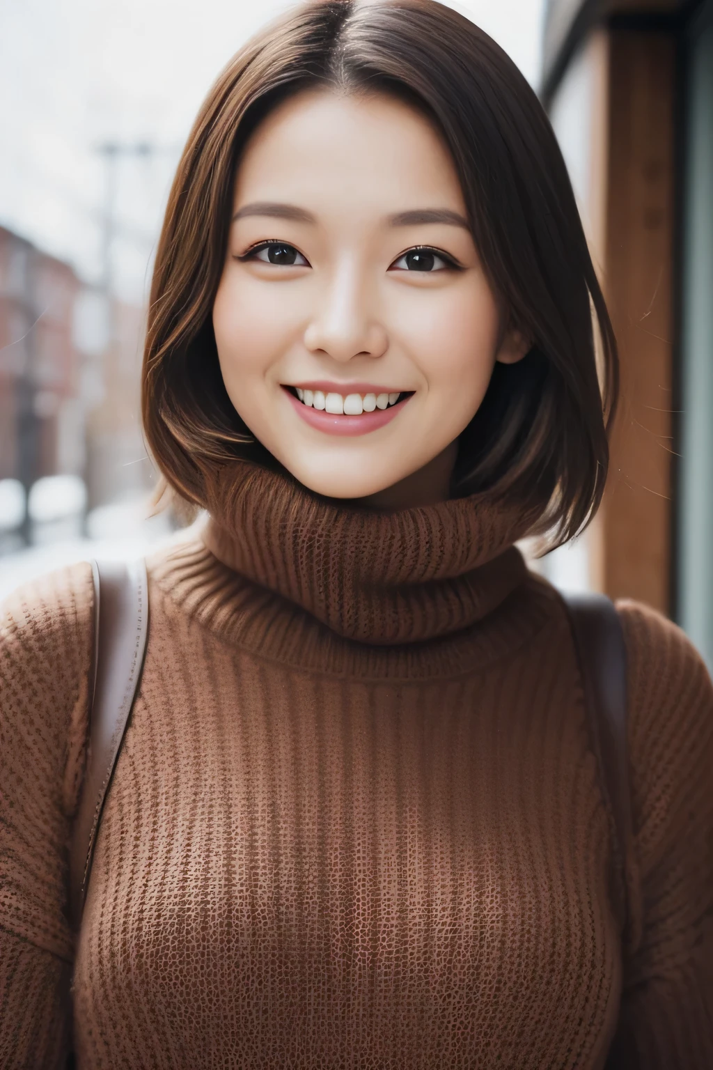 Hostess Face、turtleneck wool sweater、high quality、surreal、healthy、smile、Perfect slender figure、beauty of japan、 perfect eyes、beautiful skin、Upper body、Snow Town