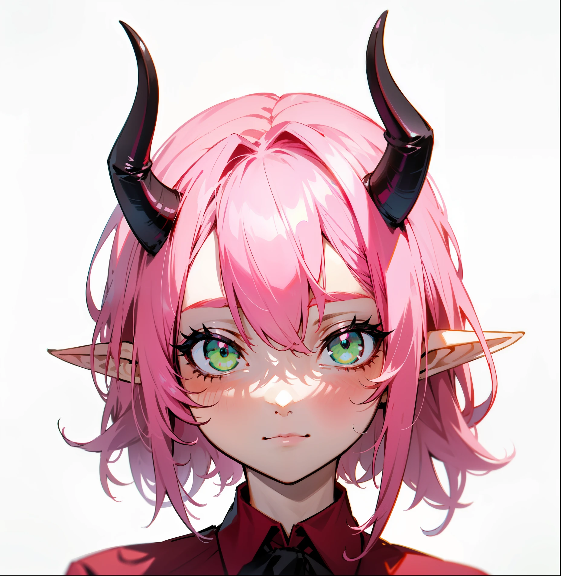 Pink hair、shorth hair、devil horns、Light green eyes、Elven ears、Red shirt、Black tie、White background、simplebackground