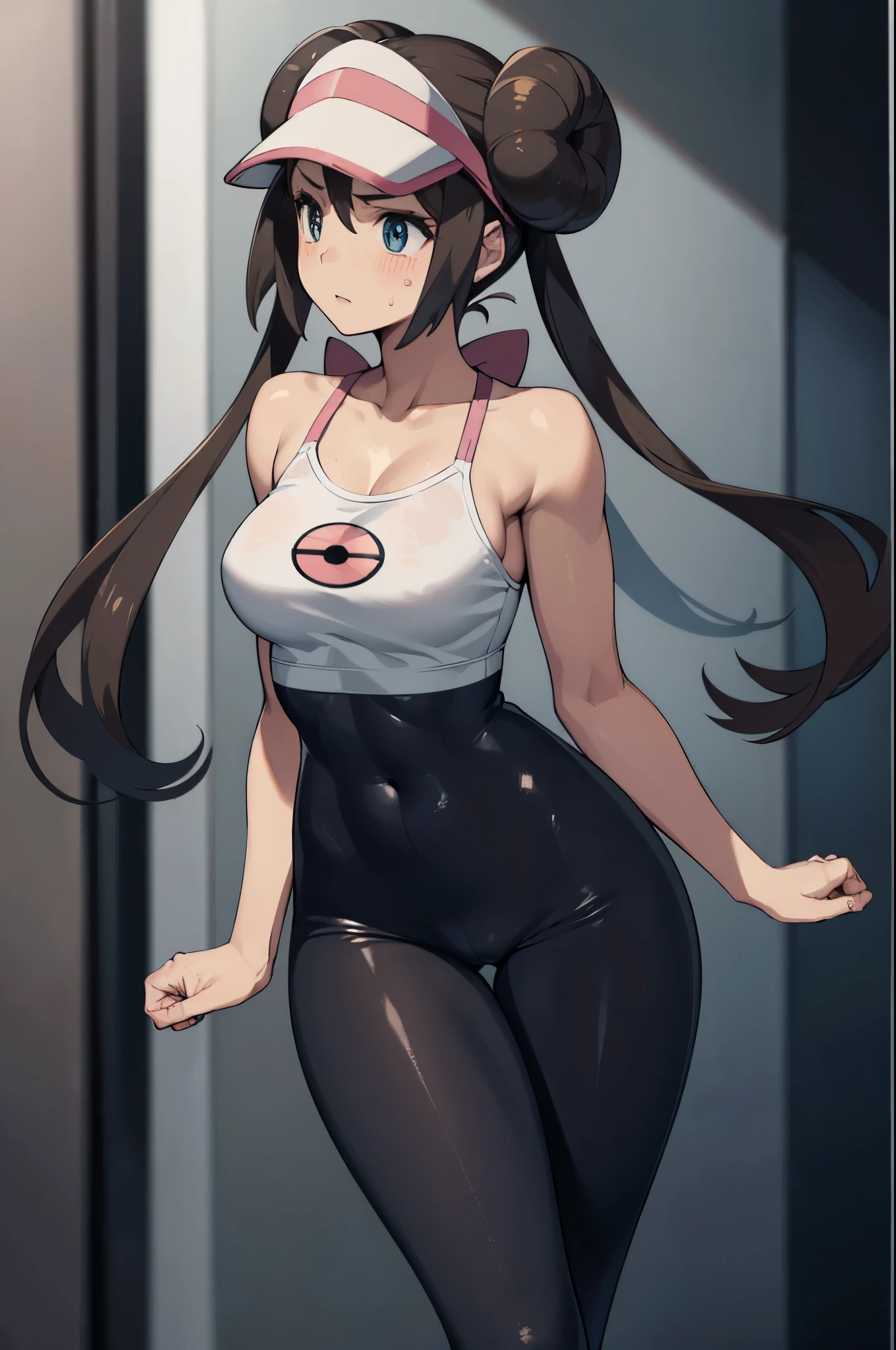supermodel physique, perfect body, perfect clear skin, ultrarealistic, hyperrealism, photorealistic, ultra quality, masterpiece, high quality, beautiful, sexy face, pretty, slightly toned, fit, supermodel build, 3/4 body view, sexy waist, sexy hips, perfect legs, thigh gap, facing the camera, rosa(pokemon), 1girl, solo, pantyhose, double bun, hair bun, visor cap, brown hair, blush, yellow skirt, pantyhose, black leggings, black stockings, poke ball print