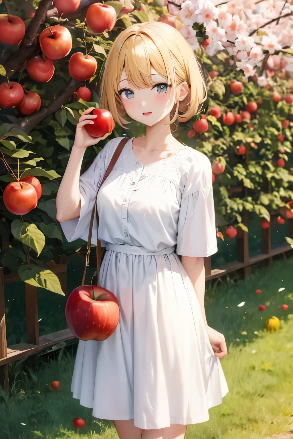 Anime girl holding an apple and an ax in front of a tree, with apples, Standing in the apple orchard, Cute girl anime visual, Created at Anime Artist Studio, High quality anime art style, Cute anime wife wearing nice overalls, anime style. 8K, young anime girl, beautiful anime girl, cute anime girl,