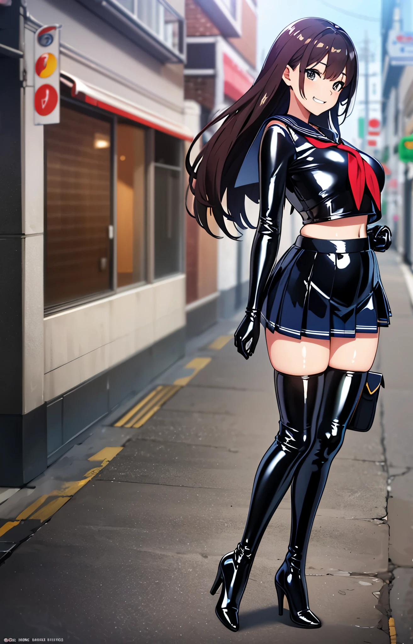 official art, Highly detailed CG Unity 8K wallpaper, highest quality, masterpiece, High resolution,shiny latex thigh-high boots, Brown straight long hair, brown belt, leather shoulder bag、latex gloves, (shiny latex sailor suit:1.6)、(Latex School Uniform)、(shiny latex pleated skirt:1.6)、 Leather texture, full body photo, melon face, small face, (big breasts)、(grinning grin)、(latex high heels)、tread on、kicking