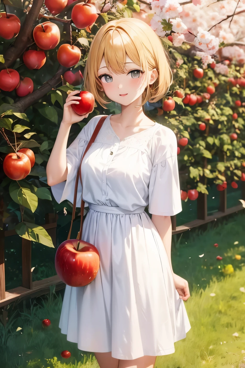 Anime girl holding an apple and an ax in front of a tree, with apples, Standing in the apple orchard, Cute girl anime visual, Created at Anime Artist Studio, High quality anime art style, Cute anime wife wearing nice overalls, anime style. 8K, young anime girl, beautiful anime girl, cute anime girl,  