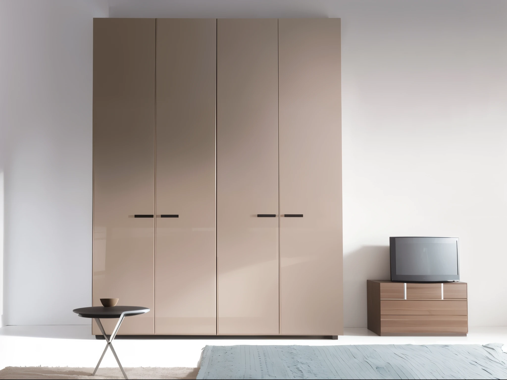 Close-up of bedroom with bed, a dressing table, and a tv, elegant wardrobe, Elegant futuristic wardrobe, high Gloss, Gloss finish, elegant minimalism, Glossy design, cupboard, Gloss, 3 doors, minimally modern, contemporary, color, Glossy finish, lacquered glass, Glossy, halo, cupboard家具, designer furniture, simplistic, simple furniture