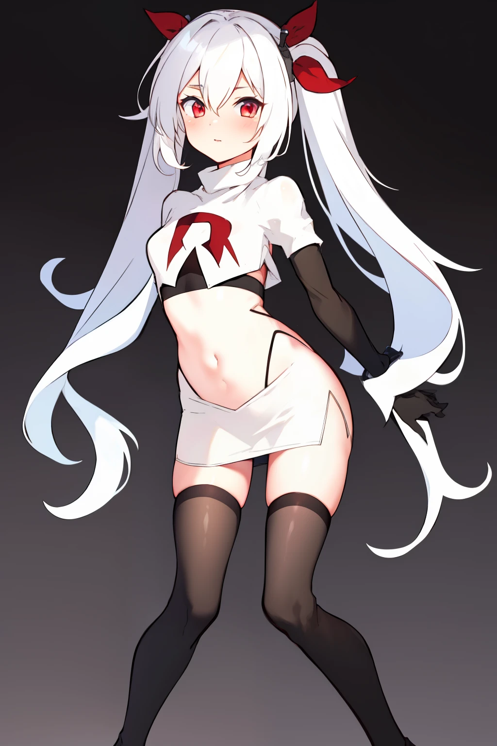 masterpiece:1.2,best quality:1.2, incredibly absurdres, absurdres, highres, wallpaper, colorful, anime,
1girl, solo, vampire \(azur lane\), , white hair, long hair, twintails, red eyes, team rocket,team rocket uniform,white skirt,red letter R,crop top,black thigh-highs,black elbow gloves