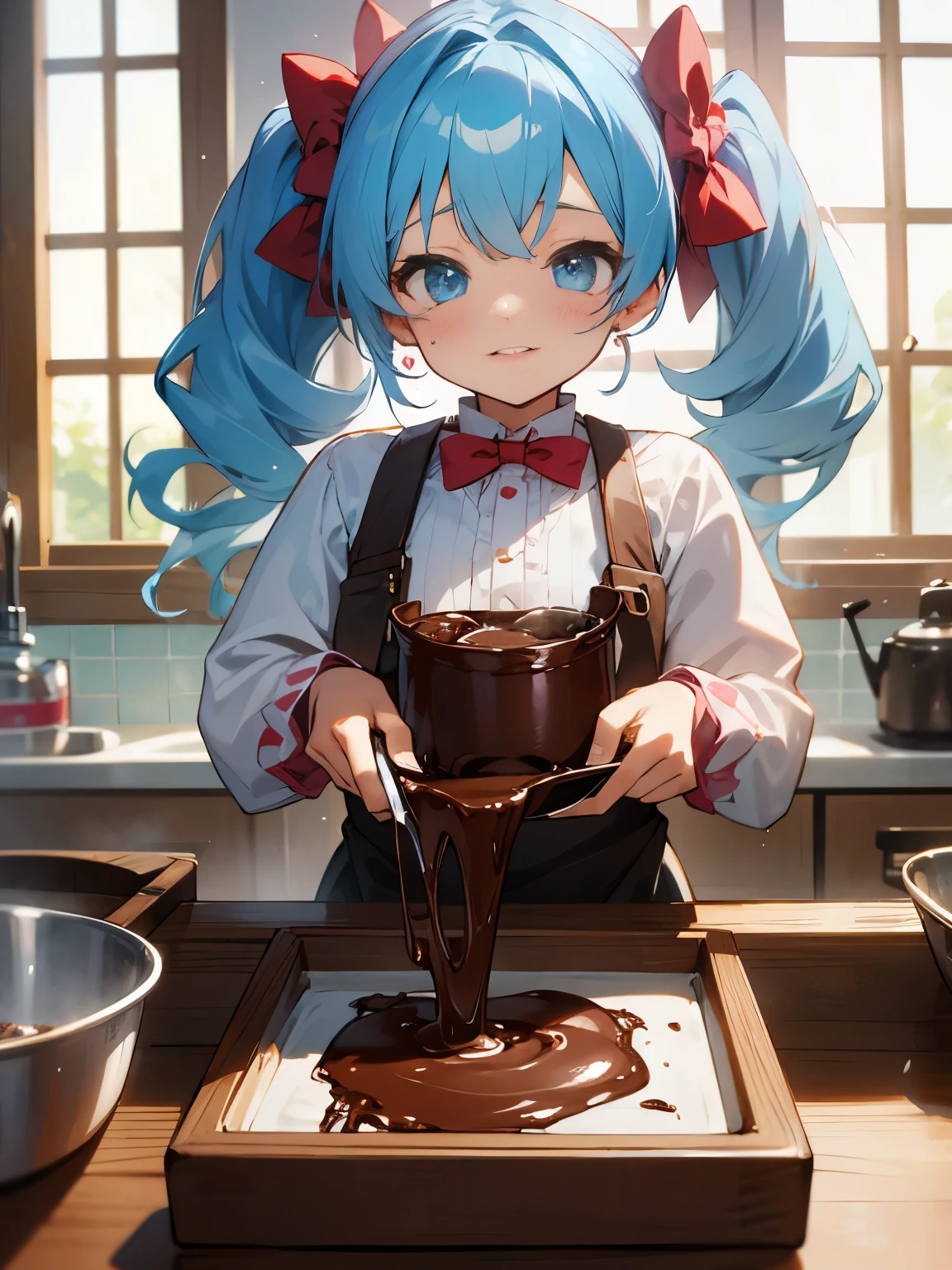 Valentine Valentine's Day preparation chocolate bowl chocolate bar handmade chocolate cooking cooking girl twintails light blue hair cute