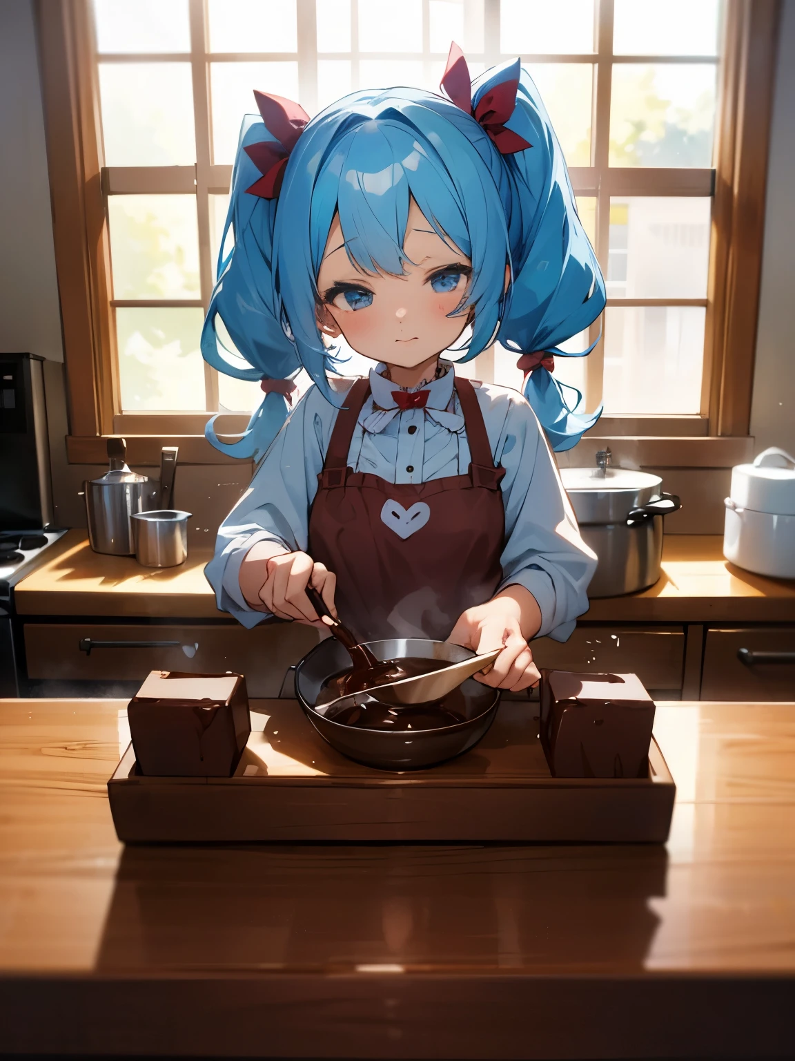 Valentine Valentine's Day preparation chocolate bowl chocolate bar handmade chocolate cooking cooking girl twintails light blue hair cute