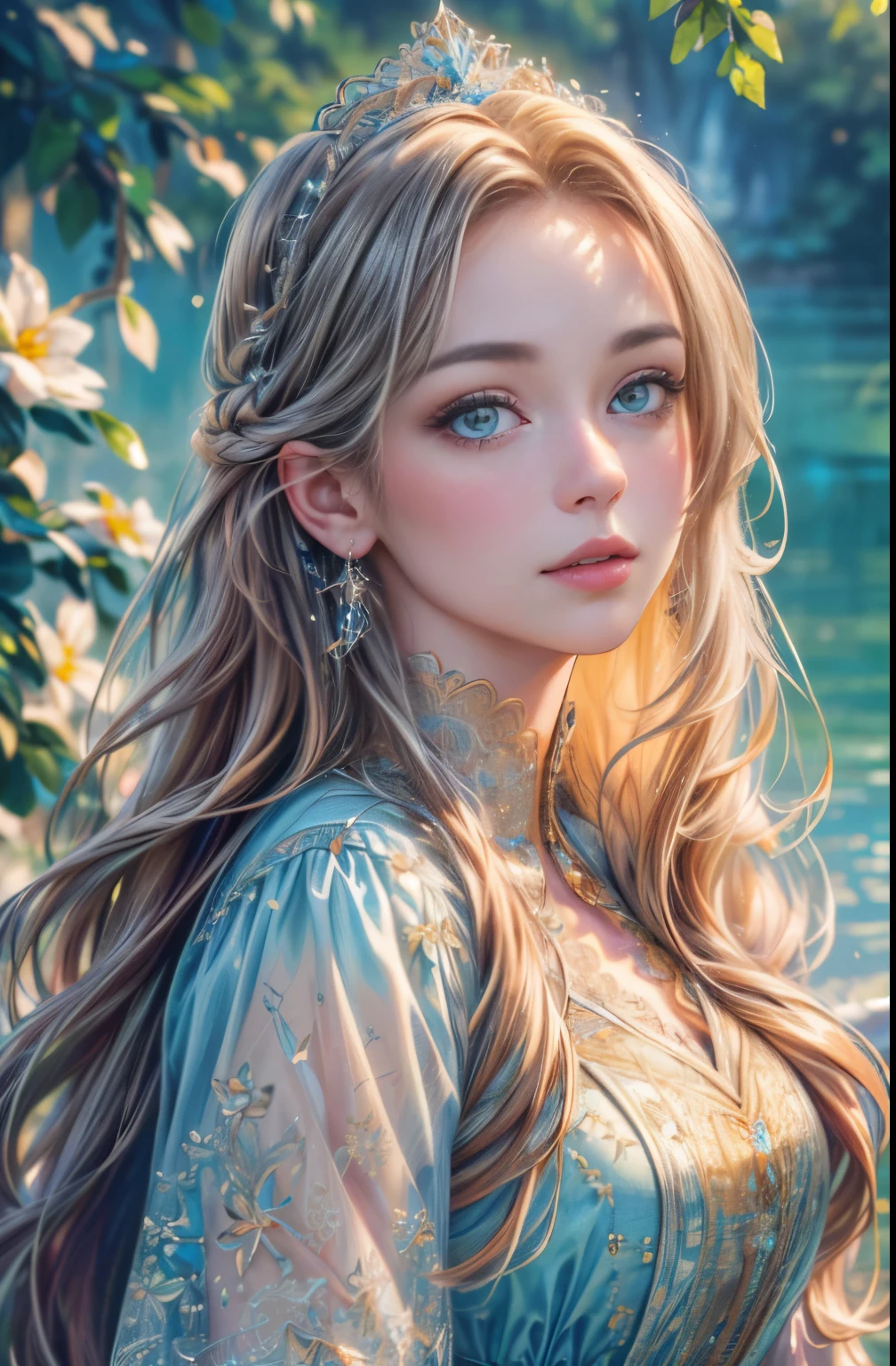 (best quality,4k,8k,highres,masterpiece:1.2), ultra-detailed, (realistic,photorealistic,photo-realistic:1.37), gorgeous princess, flowing long hair, bright and beautiful eyes, popular topic in the art community, incredibly detailed, intricately detailed and elite new art style.