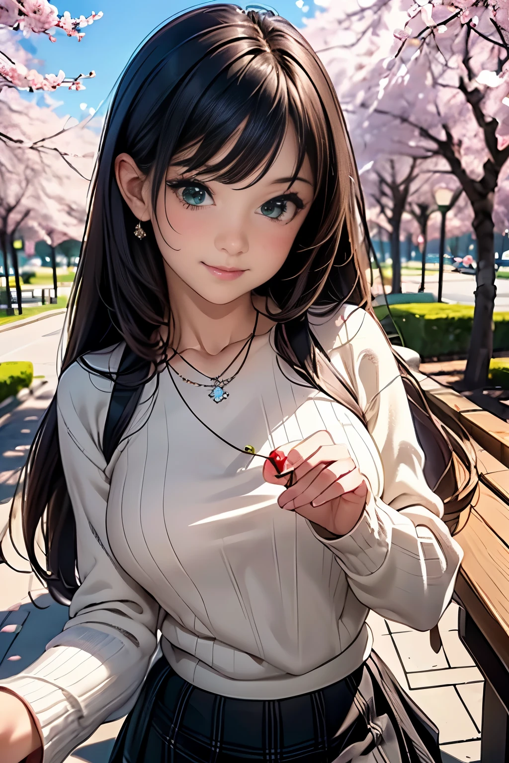 ((table top, highest quality, High resolution, nffsw, perfect pixel, written boundary depth, 4K, nffsw, nffsw))), 1 girl, single, alone, beautiful anime girl, beautiful art style, anime character, ((long hair, bangs, brown hair)), ((green eyes:1.4, round eyes, beautiful eyelashes, realistic eyes)), ((detailed face, blush:1.2)), ((smooth texture:0.75, realistic texture:0.65, realistic:1.1, Anime CG style)), dynamic angle, ((throw, Selfie Pose, portrait)), ((Black sweater, long sleeve, black skirt, plaid skirt, Fashionable, 1 diamond necklace)), smile, amusement park, ((cherry blossoms, cherry blossomsの花が散る))