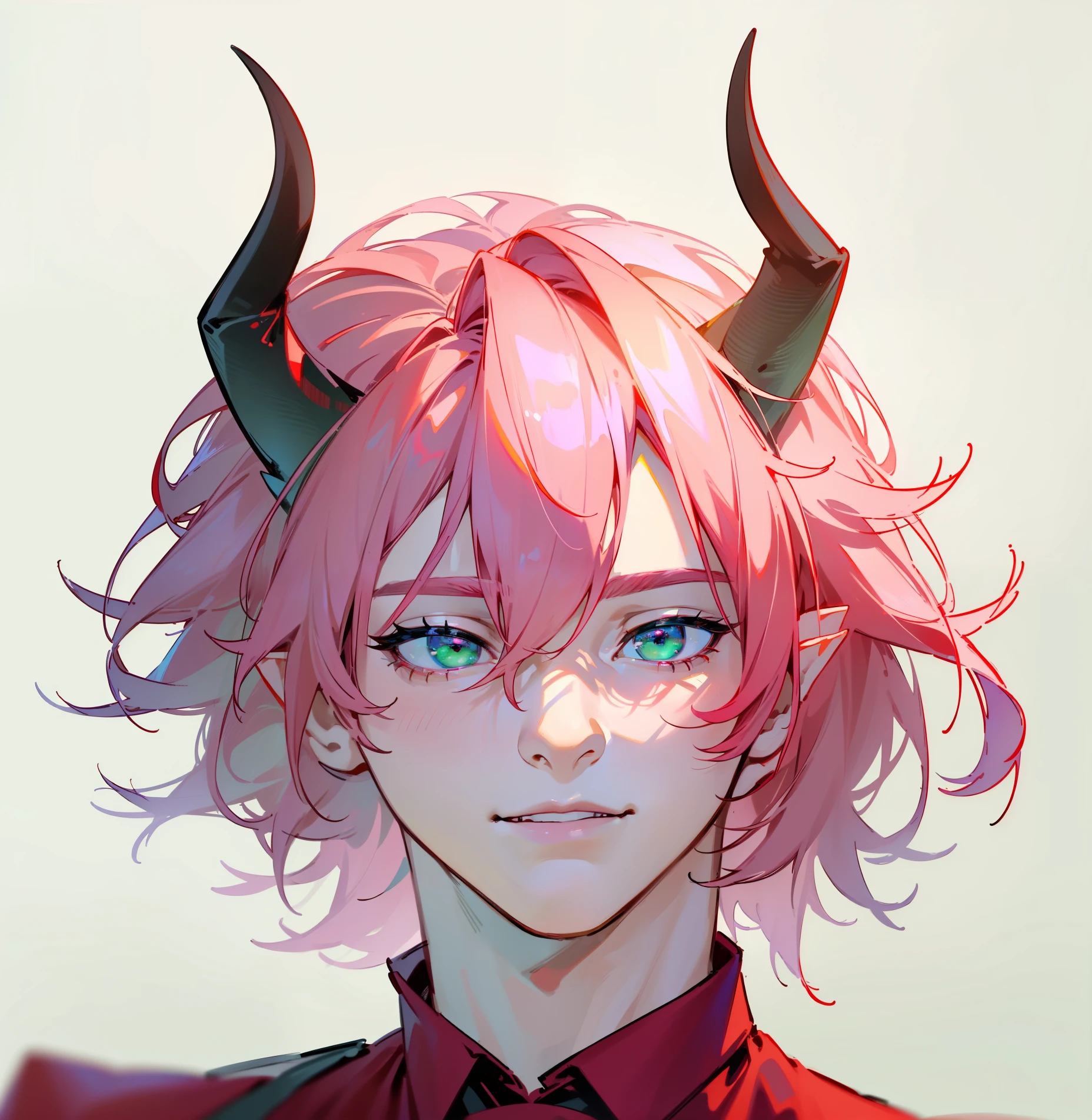 (best quality,4k,8k,highres,masterpiece:1.2),ultra-detailed,(realistic,photorealistic,photo-realistic:1.37),male,pink hair,male version,boy,man,devil horns,light green eyes,elven ears,red shirt,black tie,white background,simple background, elf 