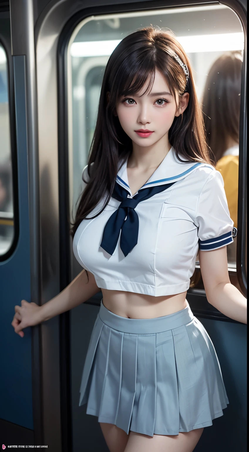 (highest quality:1.4), (hyper quality), (Super detailedな), Beautiful Girls, Super cute, wonderful face and eyes, Very realistic skins, (very shy face), (not looking here), (White school uniform:1.2, Light blue pleated super mini skirt:1.5), (Beautiful and incredibly big breasts:1.3), (slender body:1.1), (long thin legs), (thin waist), real skin texture, crystal clear very white skin, (bangs, Hair Accessories), Beautiful Goddess Advent, beautiful background, golden ratio, conceptual art, Super detailed, Accurate, advanced details, In a crowded train, (Close contact with high school girls:1.2), (My chest is pressed against my chest.:1.2), Composition looking down on the girl from above, sexy art, surrounded by a beautiful sunset, bright light, Super delicate illustration details, Highly detailed CG integrated 8K wallpaper, RAW photo, professional photos, cinematic lighting, Depth of bounds written, No bra, (The nipple protrusions push up the uniform), (The shape of the nipple protrusions through the uniform:1.3), cropped tops, (High heels on bare feet:1.1)