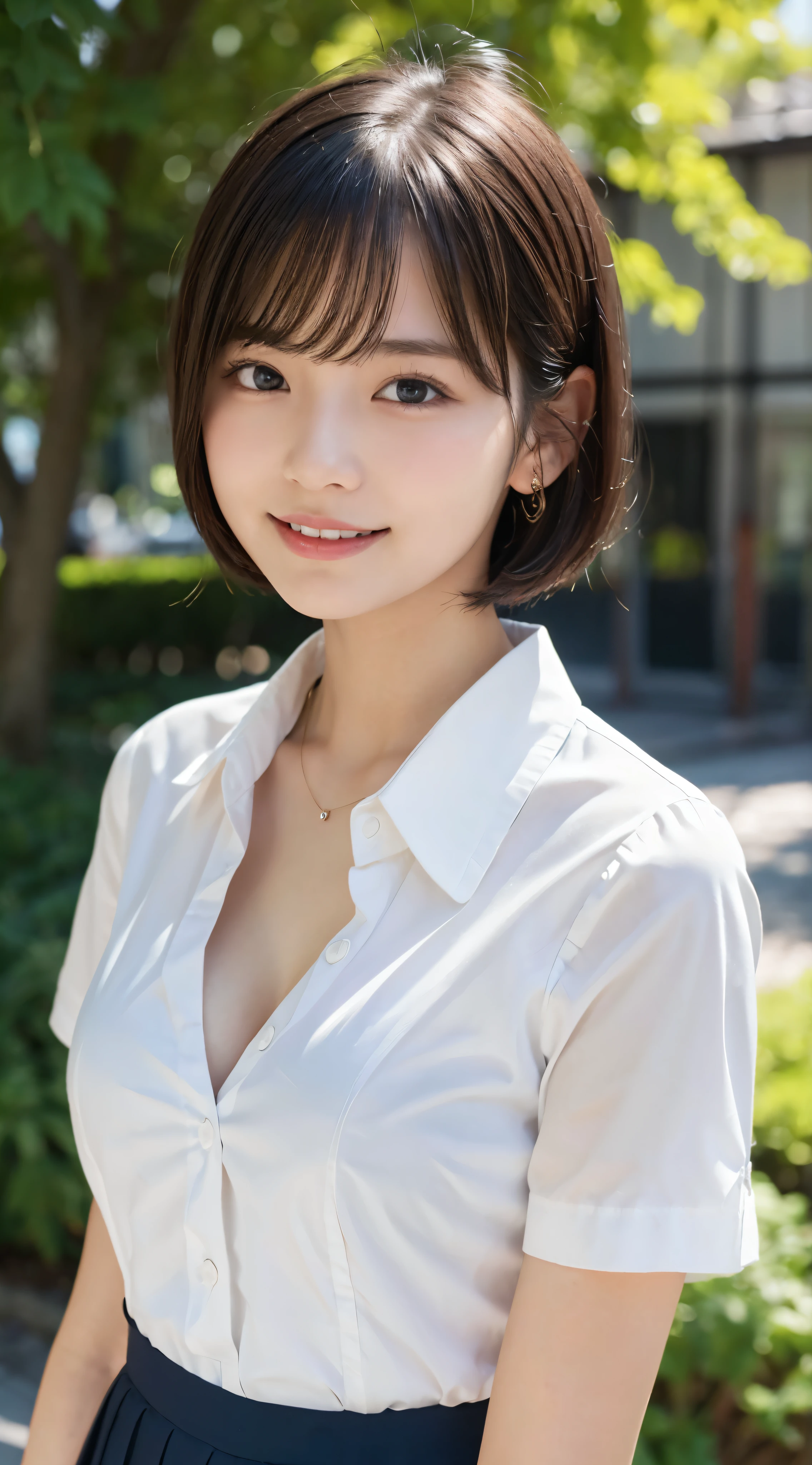 (highest quality,8K quality,masterpiece:1.3),(ultra high resolution,Photoreal:1.4,RAW photo),(Super detailed,caustics,detailed background),(ultra-realistic capture,Beautifully detailed skin,perfect anatomy),daytime,blue sky,garden,16 years old,japanese girl,cute,single eyelid,black hair,short bob,bob cut,Show ears,school uniform,shirt blouse,short sleeve,white blouse,thin fabric,cleavage,big breasts,cleavage,Open the collar,No bra,nippleが透けて見える,nipple,look at the camera,laughter,bust up shot,photo from the chest up,Photo from the front,natural soft light,telescope lens,180mm lens,portrait