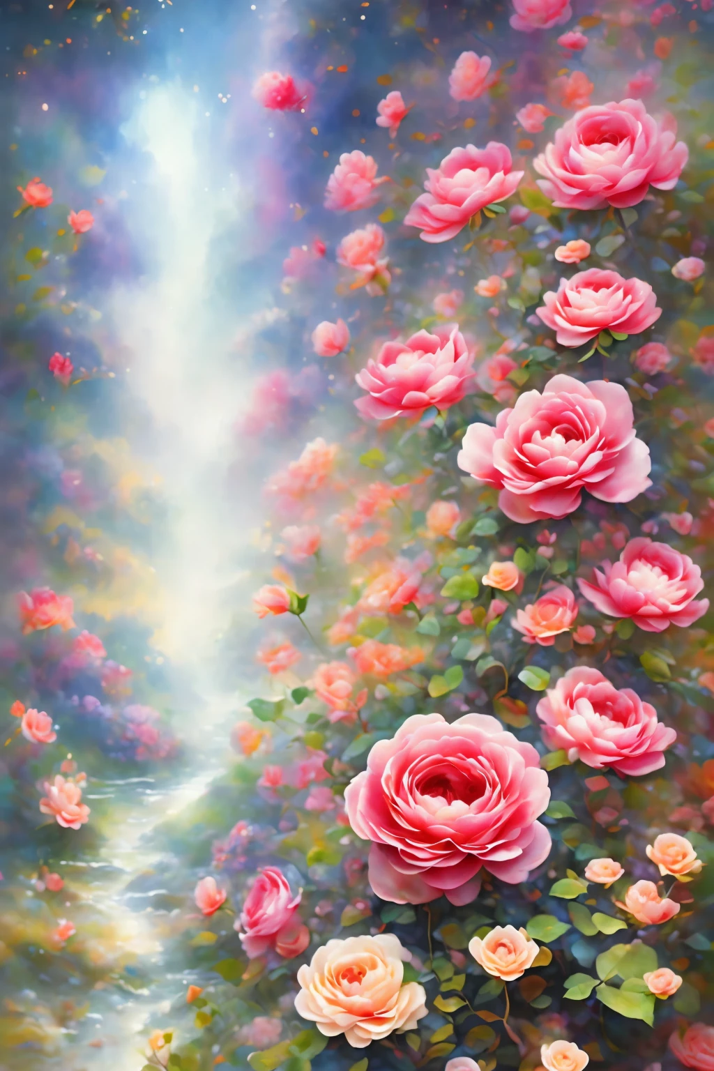 Fancy elegant botanical rose floral maximalism with a wave of fresh flowers garden flowers flowing floating in soft mist pink, water, Masio Damascus, Massive smoke and realistic flower fractals, octane rendering, josephine wall art, Isabel Menin, Jean, Amy Brown