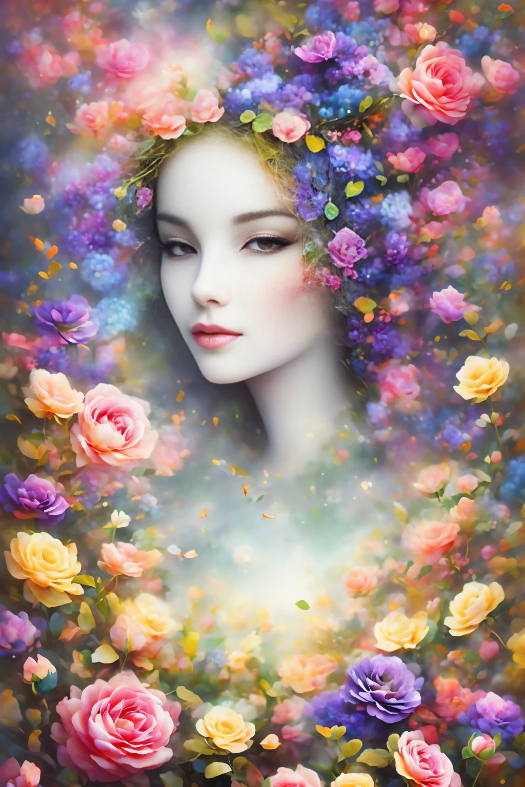 Fancy elegant botanical rose floral maximalism with a wave of fresh flowers garden flowers flowing floating in soft mist pink, water, Masio Damascus, Massive smoke and realistic flower fractals, octane rendering, josephine wall art, Isabel Menin, Jean, Amy Brown