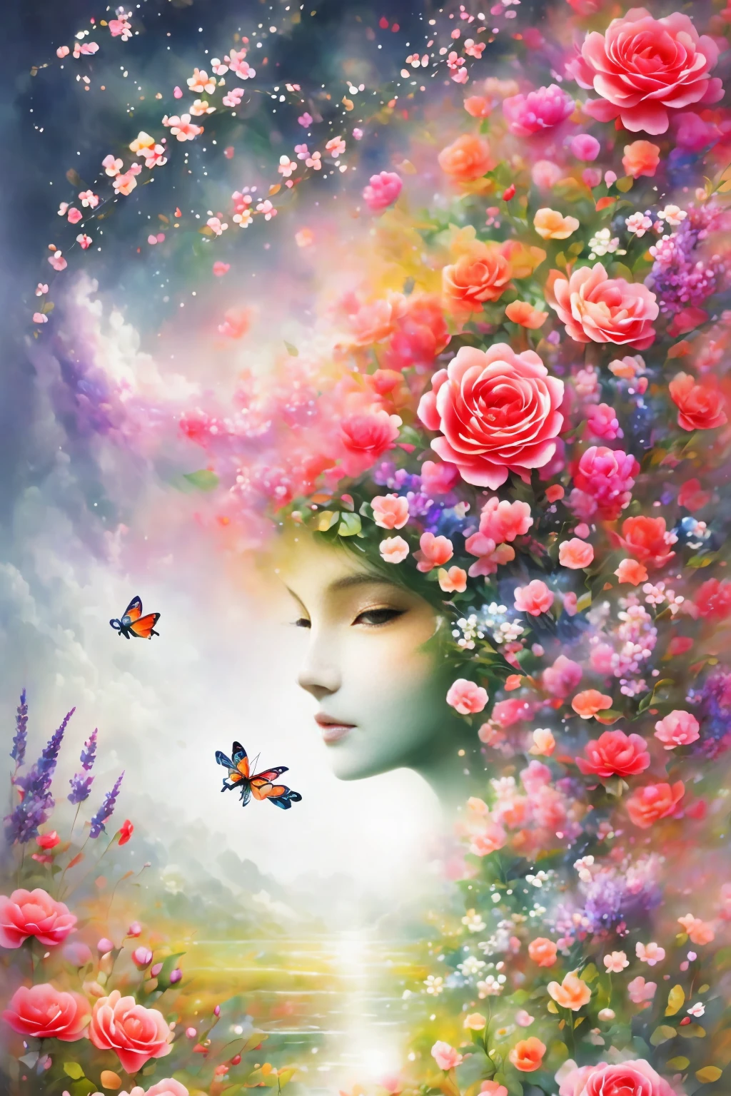 Fancy elegant botanical rose floral maximalism with a wave of fresh flowers garden flowers flowing floating in soft mist pink, water, Masio Damascus, Massive smoke and realistic flower fractals, octane rendering, josephine wall art, Isabel Menin, Jean, Amy Brown