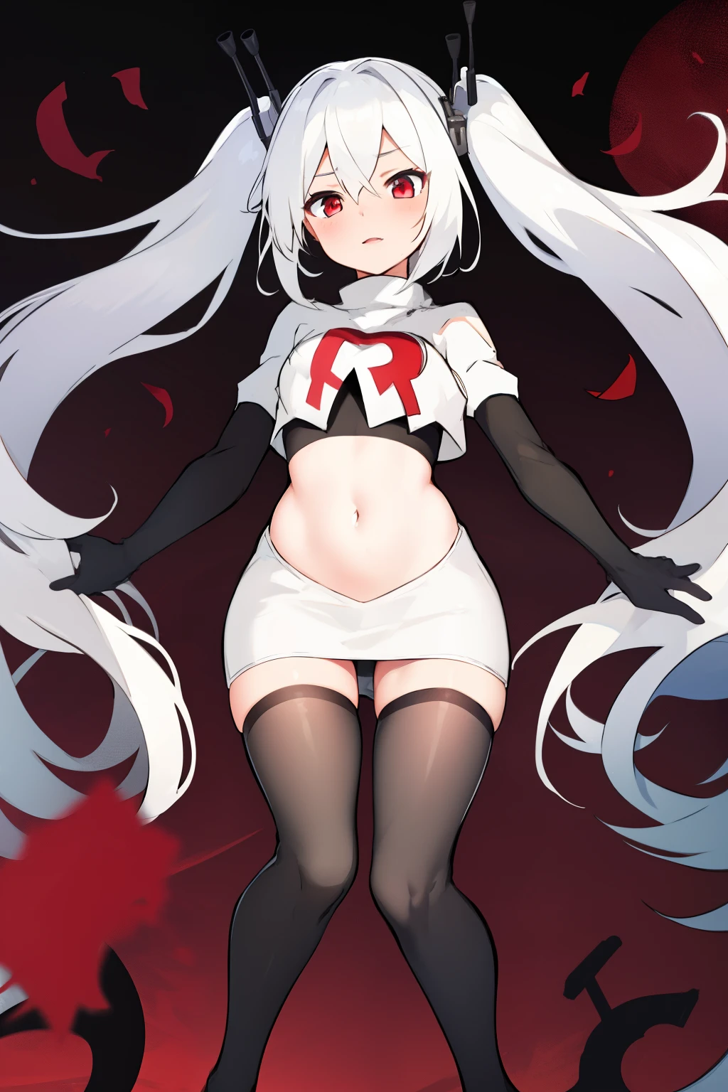 masterpiece:1.2,best quality:1.2, incredibly absurdres, absurdres, highres, wallpaper, colorful, anime,
1girl, solo, vampire \(azur lane\), , white hair, long hair, twintails, red eyes, team rocket,team rocket uniform,white skirt,red letter R,crop top,black thigh-highs,black elbow gloves