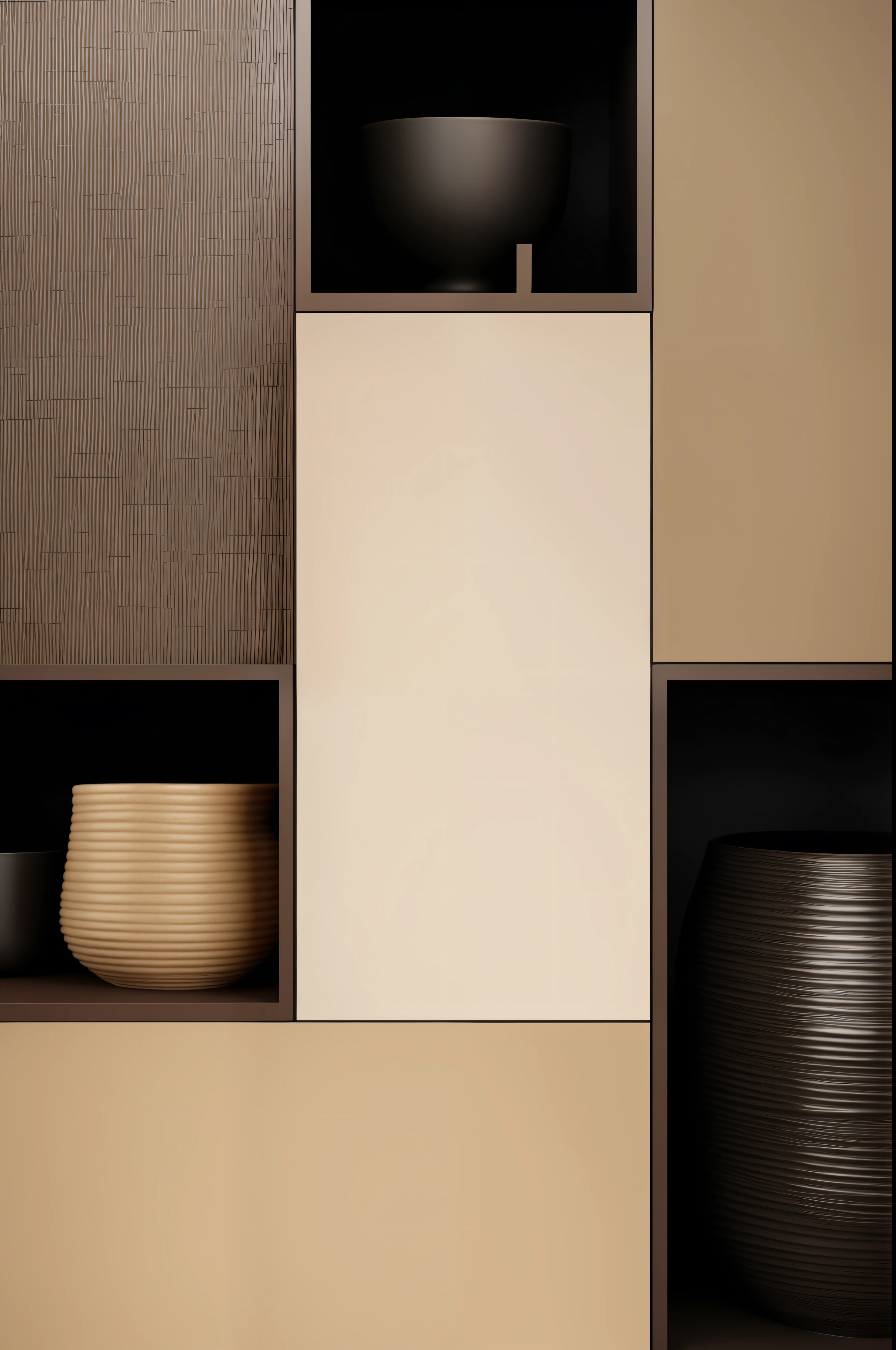 There are two shelves，There is a basket and a vase on it, sparse details, Mixed Material, Light brown和深色的氛围, Medium close-up composition, Light brown, 4K details, 4K details, 深色和Light brown的氛围, Texture details, Keep color scheme, modern details, inspiring, Graphic details, Modern earth tones neutral earth tones, neutral color, Close details