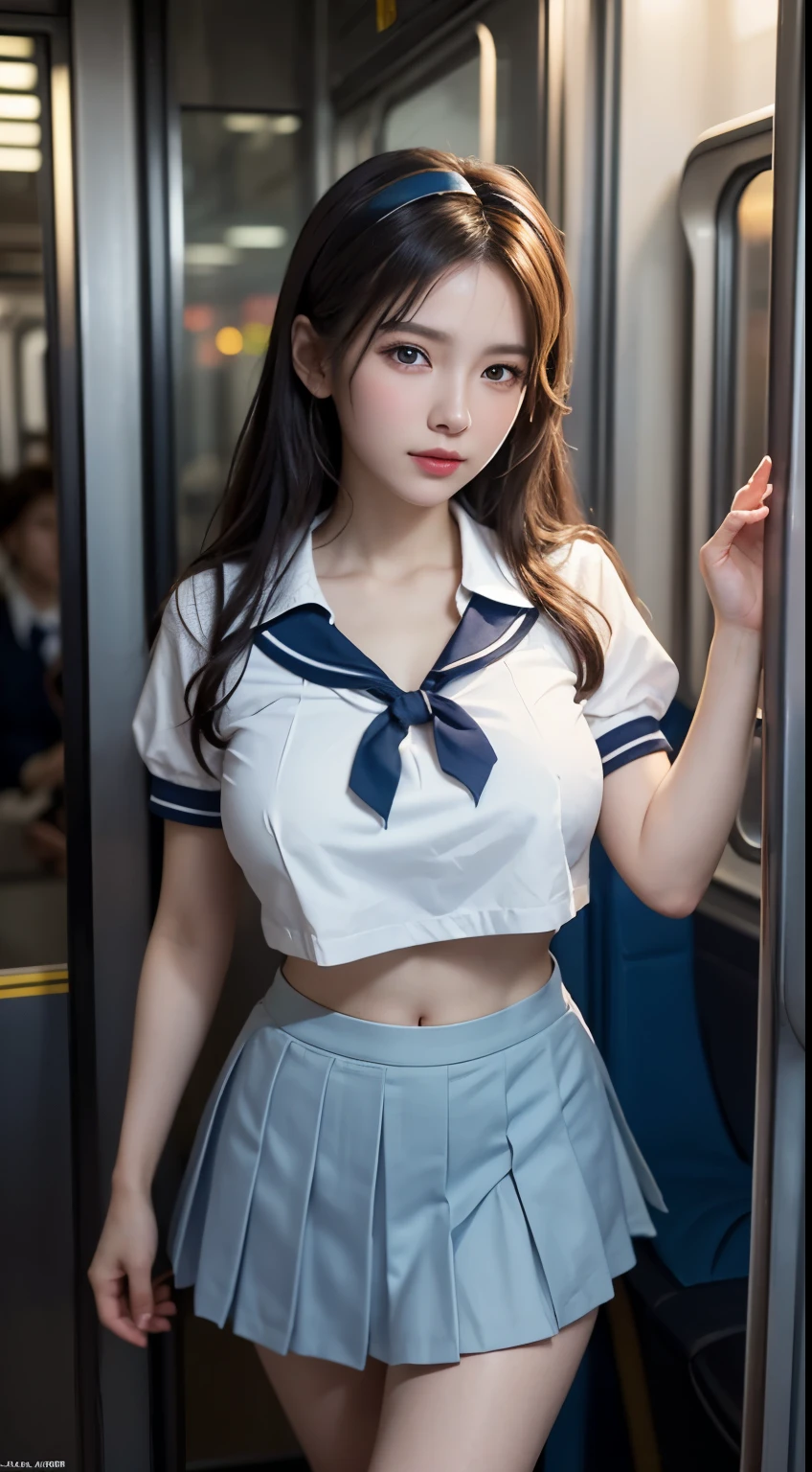 (highest quality:1.4), (hyper quality), (Super detailedな), Beautiful Girls, Super cute, wonderful face and eyes, Very realistic skins, (very shy face), (not looking here), (White school uniform:1.2, Light blue pleated super mini skirt:1.5), (Beautiful and incredibly big breasts:1.3), (slender body:1.1), (long thin legs), (thin waist), real skin texture, crystal clear very white skin, (bangs, Hair Accessories), Beautiful Goddess Advent, beautiful background, golden ratio, conceptual art, Super detailed, Accurate, advanced details, In a crowded train, (Close contact with high school girls:1.2), (My chest is pressed against my chest.:1.2), Composition looking down on the girl from above, sexy art, surrounded by a beautiful sunset, bright light, Super delicate illustration details, Highly detailed CG integrated 8K wallpaper, RAW photo, professional photos, cinematic lighting, Depth of bounds written, No bra, (The nipple protrusions push up the uniform), (The shape of the nipple protrusions through the uniform:1.3), cropped tops, (High heels on bare feet:1.1)