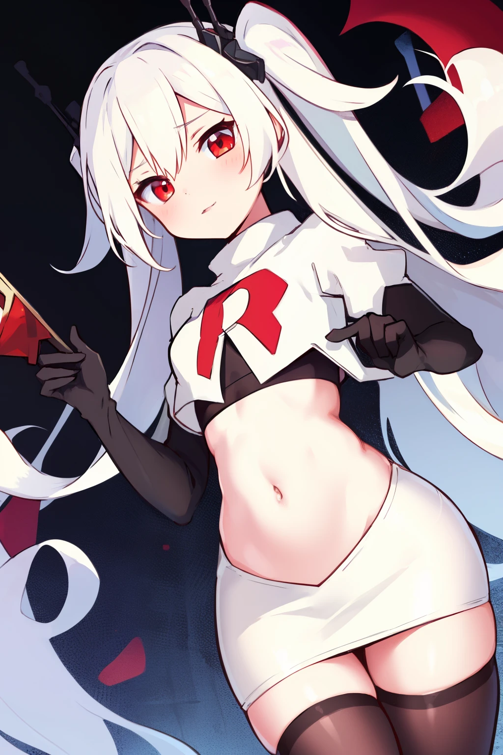 masterpiece:1.2,best quality:1.2, incredibly absurdres, absurdres, highres, wallpaper, colorful, anime,
1girl, solo, vampire \(azur lane\), , white hair, long hair, twintails, red eyes, team rocket,team rocket uniform,white skirt,red letter R,crop top,black thigh-highs,black elbow gloves