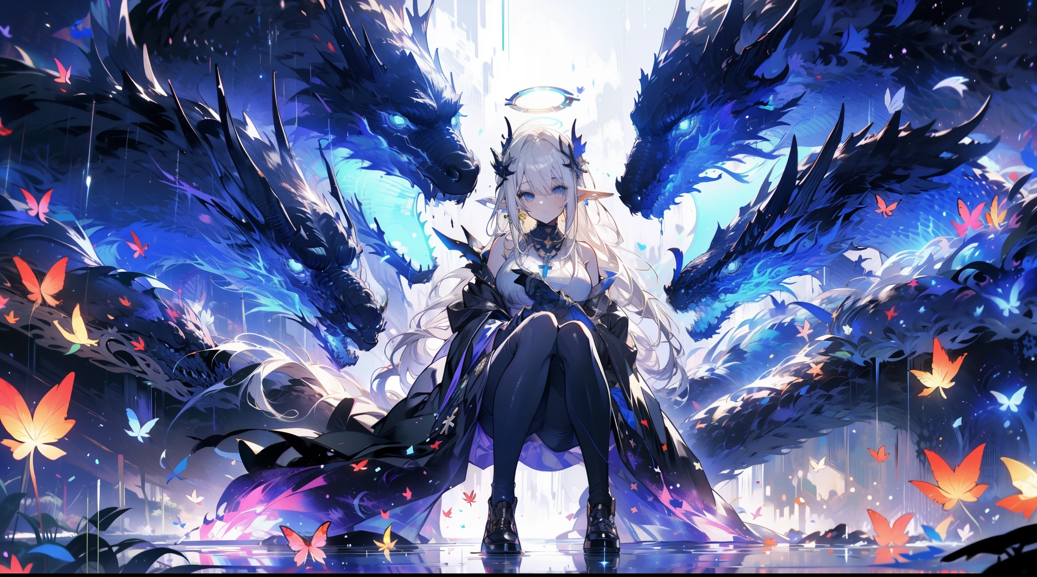 （（（masterpiece）））， （（（best quality））））， official art， Extremely detailed CG unified 8k wallpaper， （（sketch）））， night， rain， beautiful detailed sky， galactic，starry sky background，beautiful and delicate water， Game CG， Huge file size， sketch， Report， angelic， long gray hair， combed blonde hair， wet hair， hair between eyes， hair behind ears， Carefree eyes and white eyelashes， yellow eyes， half closed eyes， footwear， halo， Cross necklace， look down， sitting， Hold the long leather hair， leaf hair accessories， in the forest， lakeside， （（Big breasts）））， （（（ White robe）））， long sleeve dynamo， White eye mask， Elf ears and golden wings are more yellow