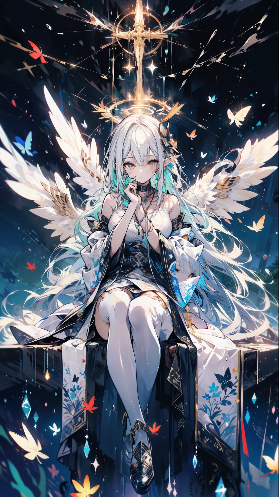 （（（masterpiece）））， （（（best quality））））， official art， Extremely detailed CG unified 8k wallpaper， （（sketch）））， night， rain， beautiful detailed sky， galactic，starry sky background，beautiful and delicate water， Game CG， Huge file size， sketch， Report， angelic， long gray hair， combed blonde hair， wet hair， hair between eyes， hair behind ears， Carefree eyes and white eyelashes， yellow eyes， half closed eyes， footwear， halo， Cross necklace， look down， sitting， Hold the long leather hair， leaf hair accessories， in the forest， lakeside， （（Big breasts）））， （（（ White robe）））， long sleeve dynamo， White eye mask， Elf ears and golden wings are more yellow