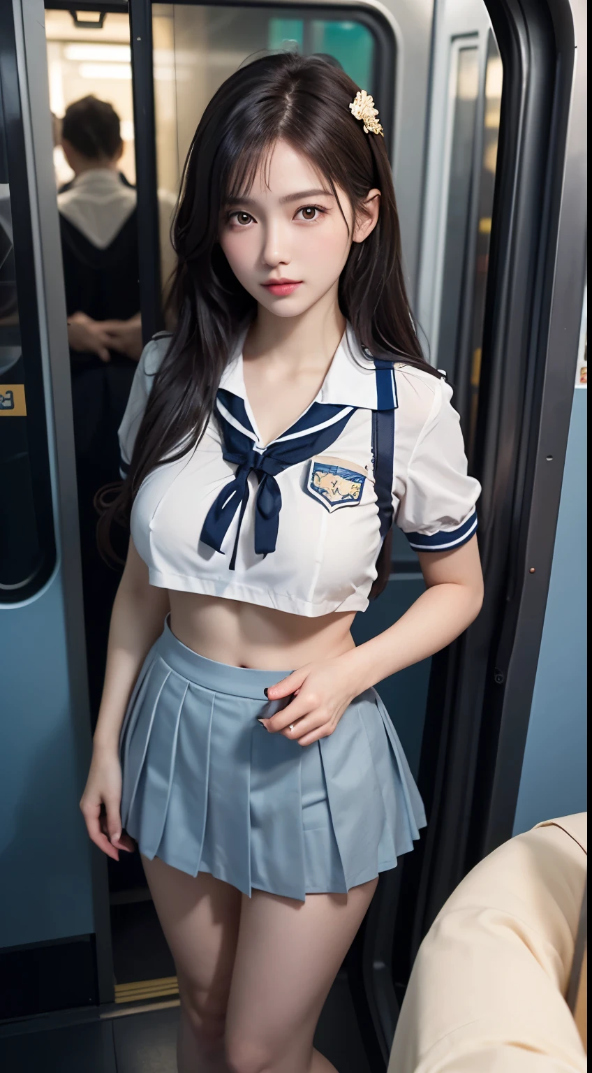 (highest quality:1.4), (hyper quality), (Super detailedな), Beautiful Girls, Super cute, wonderful face and eyes, Very realistic skins, (very shy face), (not looking here), (White school uniform:1.2, Light blue pleated super mini skirt:1.5),  (Beautiful and incredibly big breasts:1.3), (slender body:1.1), (long thin legs), (thin waist), real skin texture, crystal clear very white skin, (bangs, Hair Accessories), Beautiful Goddess Advent, beautiful background, golden ratio, conceptual art, Super detailed, Accurate, advanced details, In a crowded train, (Close contact with high school girls:1.2), (My chest is pressed against my chest.:1.2), Composition looking down on the girl from above, sexy art, surrounded by a beautiful sunset, bright light, Super delicate illustration details, Highly detailed CG integrated 8K wallpaper, RAW photo, professional photos, cinematic lighting, Depth of bounds written, No bra, (The nipple protrusions push up the uniform), (The shape of the nipple protrusions through the uniform:1.3), cropped tops, (High heels on bare feet:1.1)