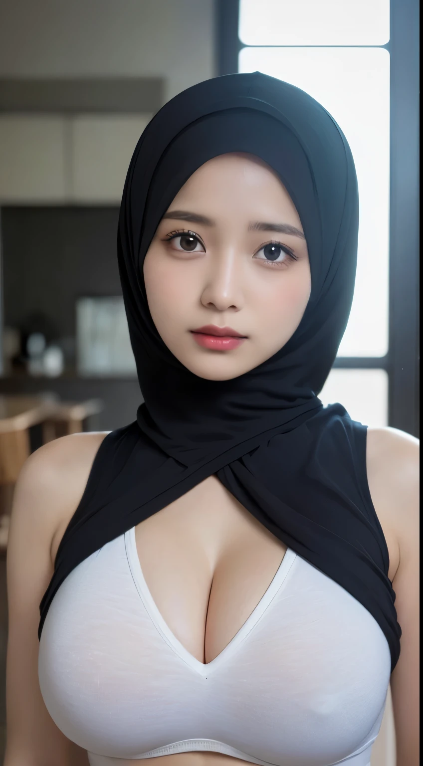 masutepiece, Best Quality, Illustration, Ultra-detailed, finely detail, hight resolution, 8K Wallpaper, Perfect dynamic composition, Beautiful detailed eyes, fitness wear, Natural Color Lip,cleavage, hanging breast, ((exposed breast)), (visible ), (wearing hijab), india face.