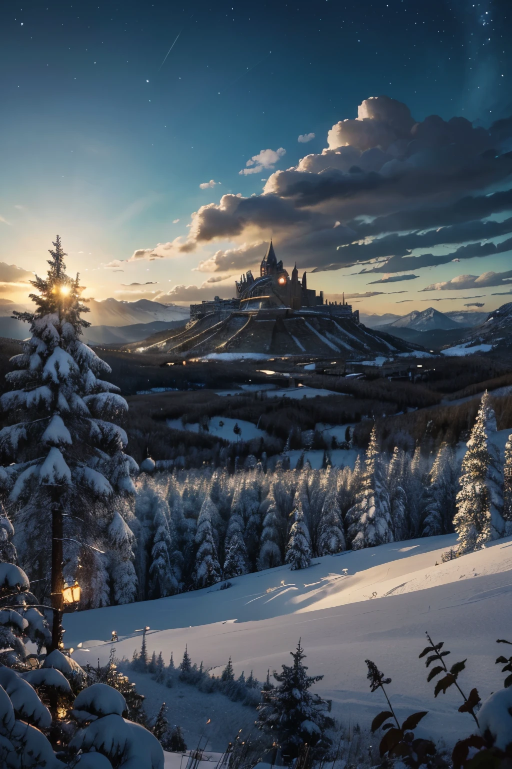 (masterpiece, illustration, best quality, detailed,highres:1.4), in the distance, colorful, vibrant, lush, volumetric lighting, contrast, , From a distance, depth of field , scenery, landscape painting, concept art, intricate tiny details, stylized, , cloudy skies, moonlit night starry skies, Fantasy, ancient kingdom city [colosseum,sagrada,basilica] scenery, snow, waterfall, , blooming trees grass flowers ,  Rocky Mountains and forest snow in the background ,    , (fantasy magic:1.4)