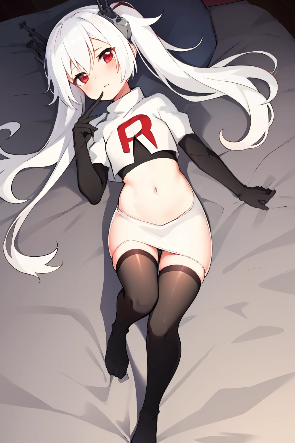 masterpiece:1.2,best quality:1.2, incredibly absurdres, absurdres, highres, wallpaper, colorful, anime,
1girl, solo, vampire \(azur lane\), , white hair, long hair, twintails, red eyes, team rocket,team rocket uniform,white skirt,red letter R,crop top,black thigh-highs,black elbow gloves