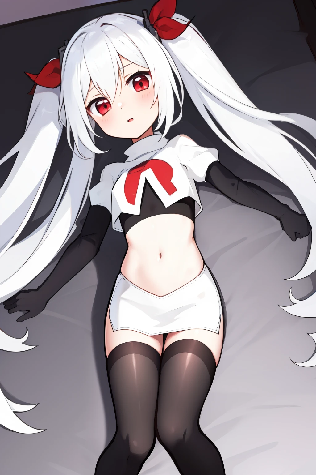 masterpiece:1.2,best quality:1.2, incredibly absurdres, absurdres, highres, wallpaper, colorful, anime,
1girl, solo, vampire \(azur lane\), , white hair, long hair, twintails, red eyes, team rocket,team rocket uniform,white skirt,red letter R,crop top,black thigh-highs,black elbow gloves