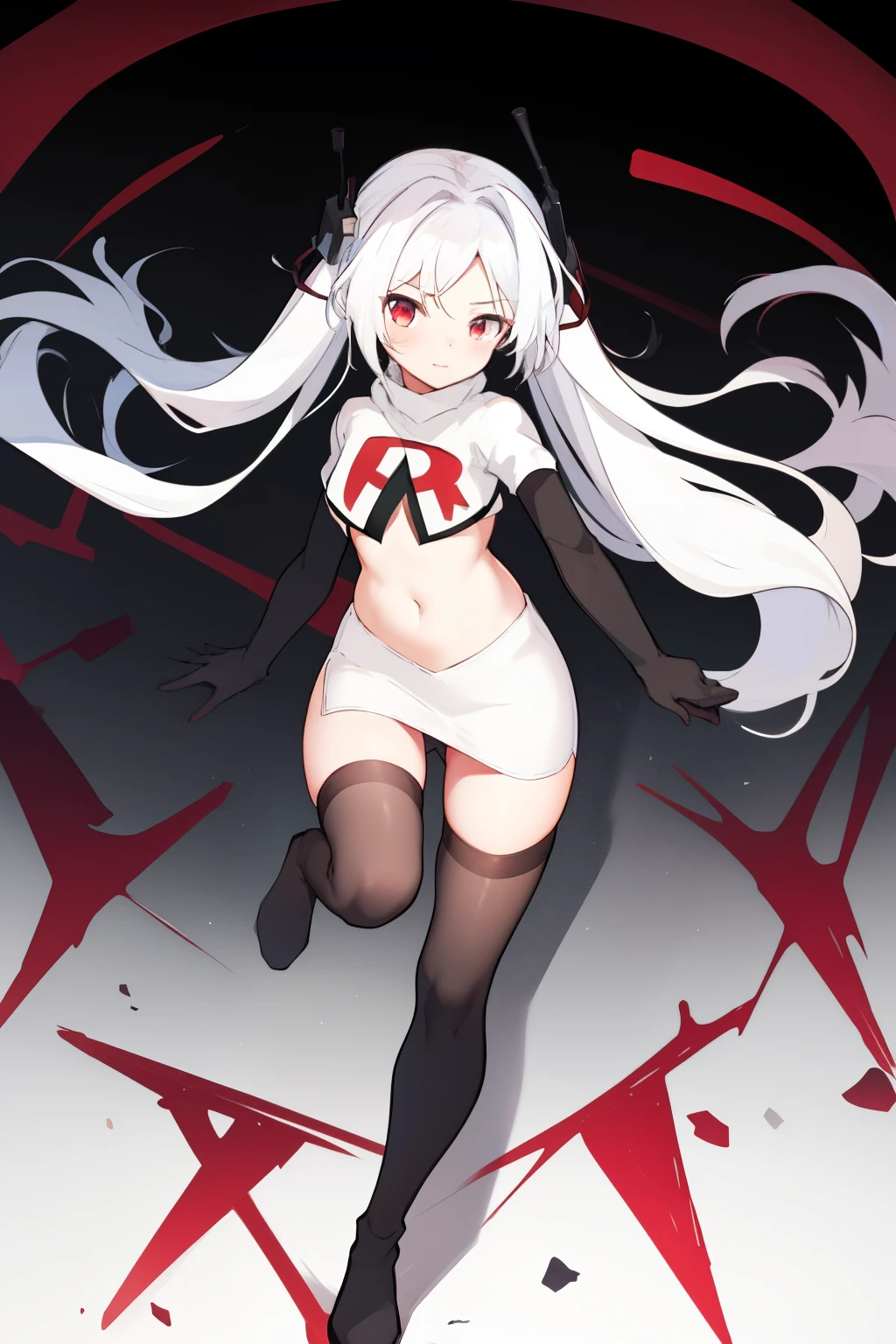 masterpiece:1.2,best quality:1.2, incredibly absurdres, absurdres, highres, wallpaper, colorful, anime,
1girl, solo, vampire \(azur lane\), , white hair, long hair, twintails, red eyes, team rocket,team rocket uniform,white skirt,red letter R,crop top,black thigh-highs,black elbow gloves