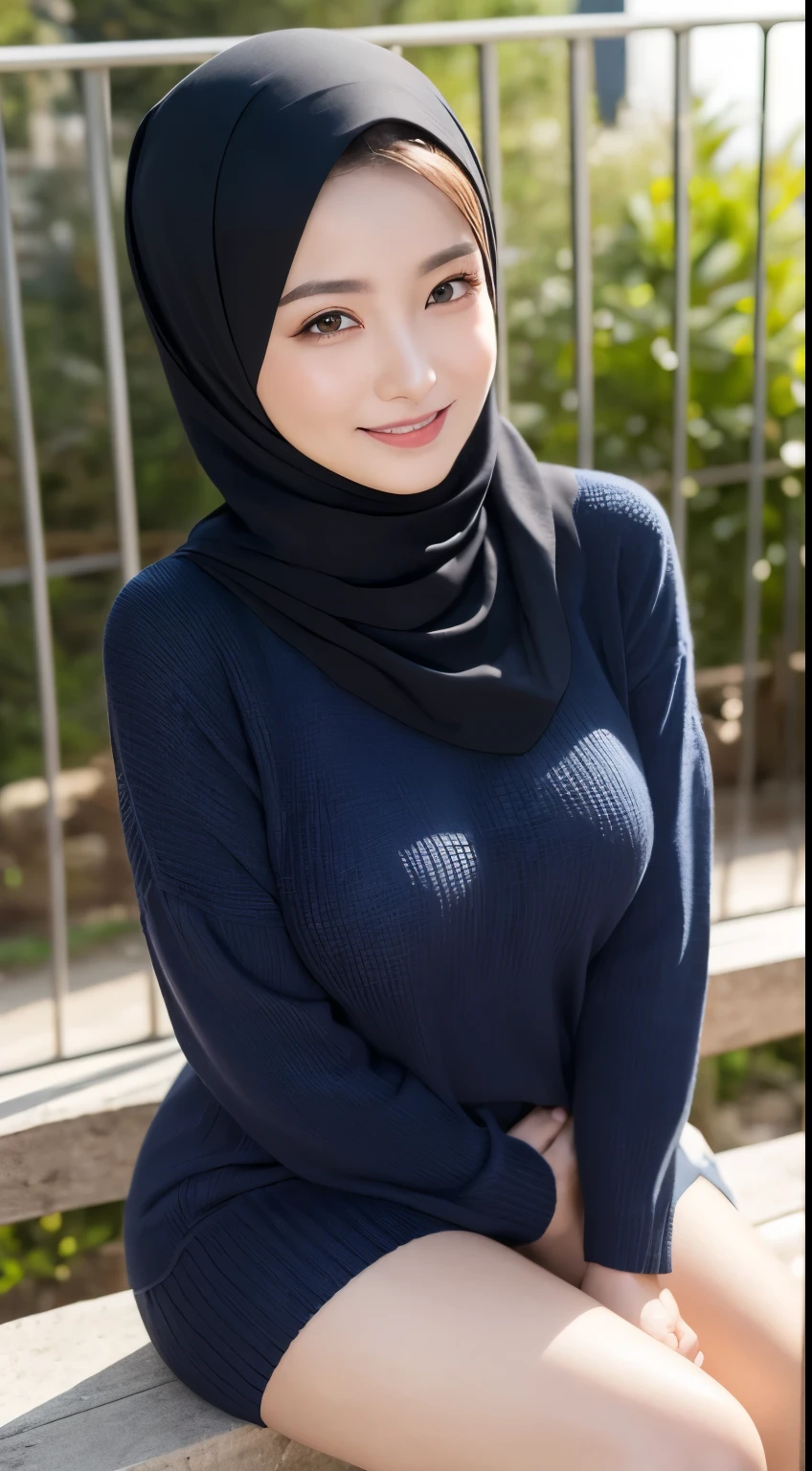 masutepiece, Best Quality, Photorealsitic, finely detail, hight resolution, 8K Wallpapers, Perfect dynamic composition, Beautiful detailed eyes, large full breasts, Random and sexy poses,Bring your chest together、(Tight Knitwear)、(Breast bulge 1.2)、A smile、open open mouth、Resort scenery、23years old、(Drooping eyes 1.4)、Adult beauty、hijabi