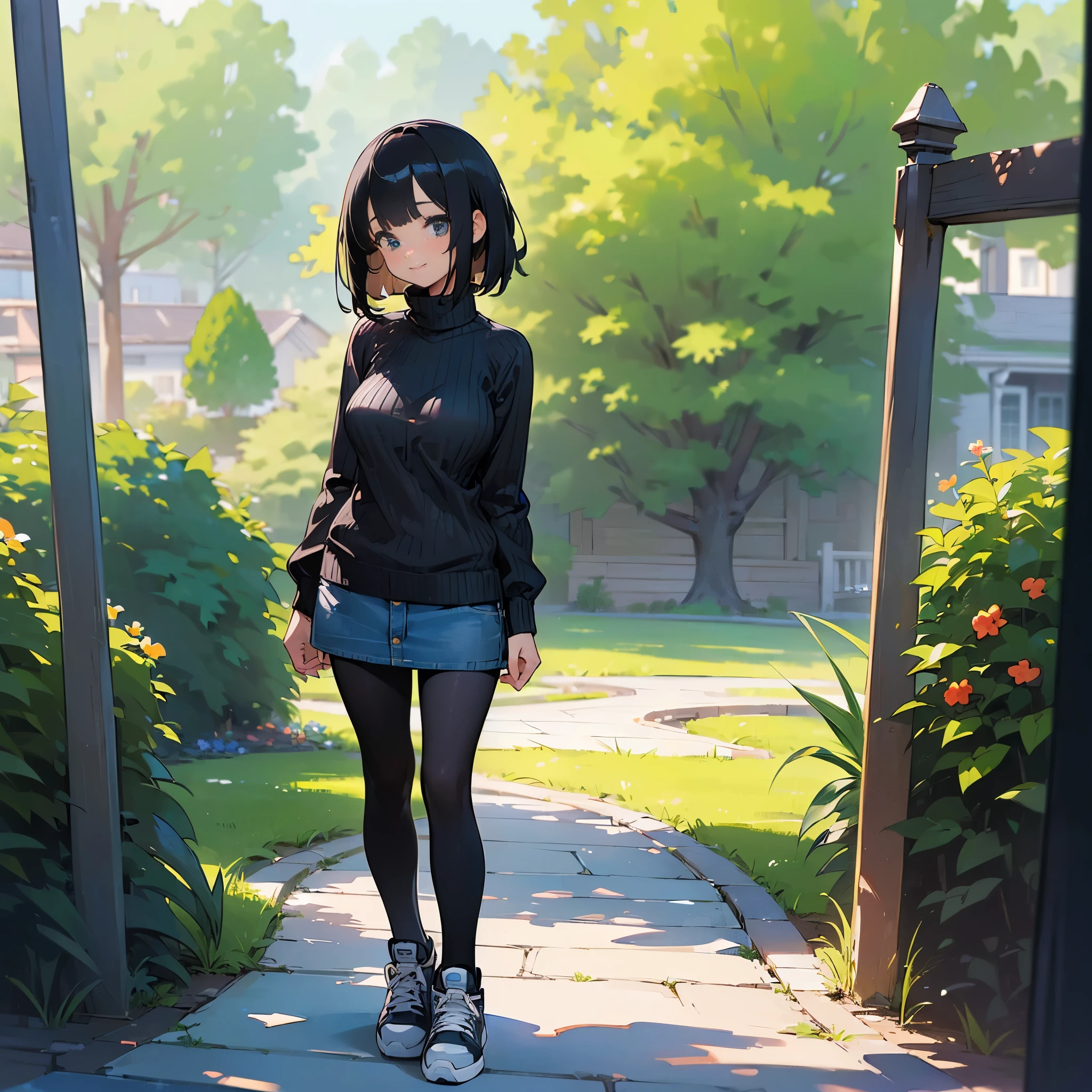 (high quality, High resolution, Super detailed, reality:1.37), peaceful atmosphere, (outdoor, garden),  girl standing alone, (My breasts are big.), Beautiful detailed features, cute smile, (black bob hair), ribbed sweater, denim mini skirt, black tights, sneakers.