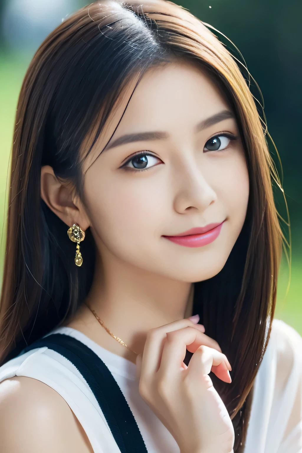 pretty girl: Asian, super cute;
Age: from 18-20 years old;
hair: bronze orange, smooth, shimmering in the sunlight, detailed;
skin: ivory white, rosy and flawless;
eyes: jet black, almond shaped, sexy, youthful, clear, super detailed, elegant, seductive, sharp makeup, realistic, eye-contact;
eyelids: delicate, perfect beauty;
Eyebrows: arched, sparse, sharp;
face: beautiful, pure, like a fairy, with gentle makeup, lovely, perfectly balanced, beautiful in every detail;
nose: pretty, lovely, high;
Cheekbones: prominent;
lips: seductive, light red lipstick, lovely lip gloss;
teeth: radiant, pure white;
charming smile, showing off bright white teeth;
body: full of youth;
accessories: necklaces, earrings, bracelets;
Costume: silk fabric, delicate, embroidered with flowers, ((with the word "Rio Beer" on the shirt));
Fashion style: high-end, modern, luxurious;
Photo quality: non-NSFW, 8K CG HD, sharp, super beautiful graphics, professional, detailed, vibrant colors, super smooth, advanced techniques, true RAW;
light: complex, golden-black rays;
sunlight: sparkling, illuminating the girl's body;
Background: street, cool green trees.