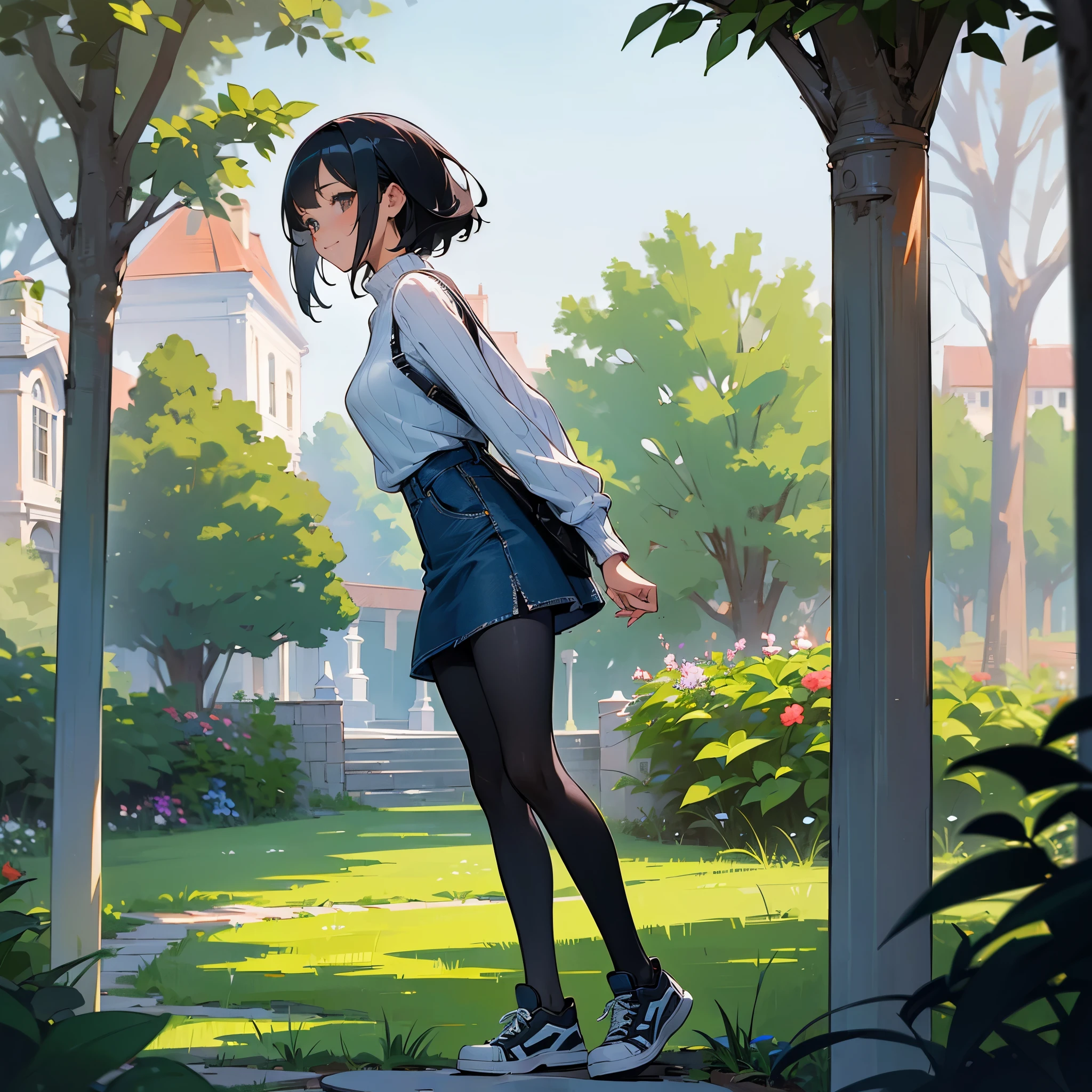 (high quality, High resolution, Super detailed, reality:1.37), peaceful atmosphere, (outdoor, garden), Teenage girl standing alone, (My breasts are big.), Beautiful detailed features, cute smile, (black bob hair), ribbed sweater, denim mini skirt, black tights, sneakers.