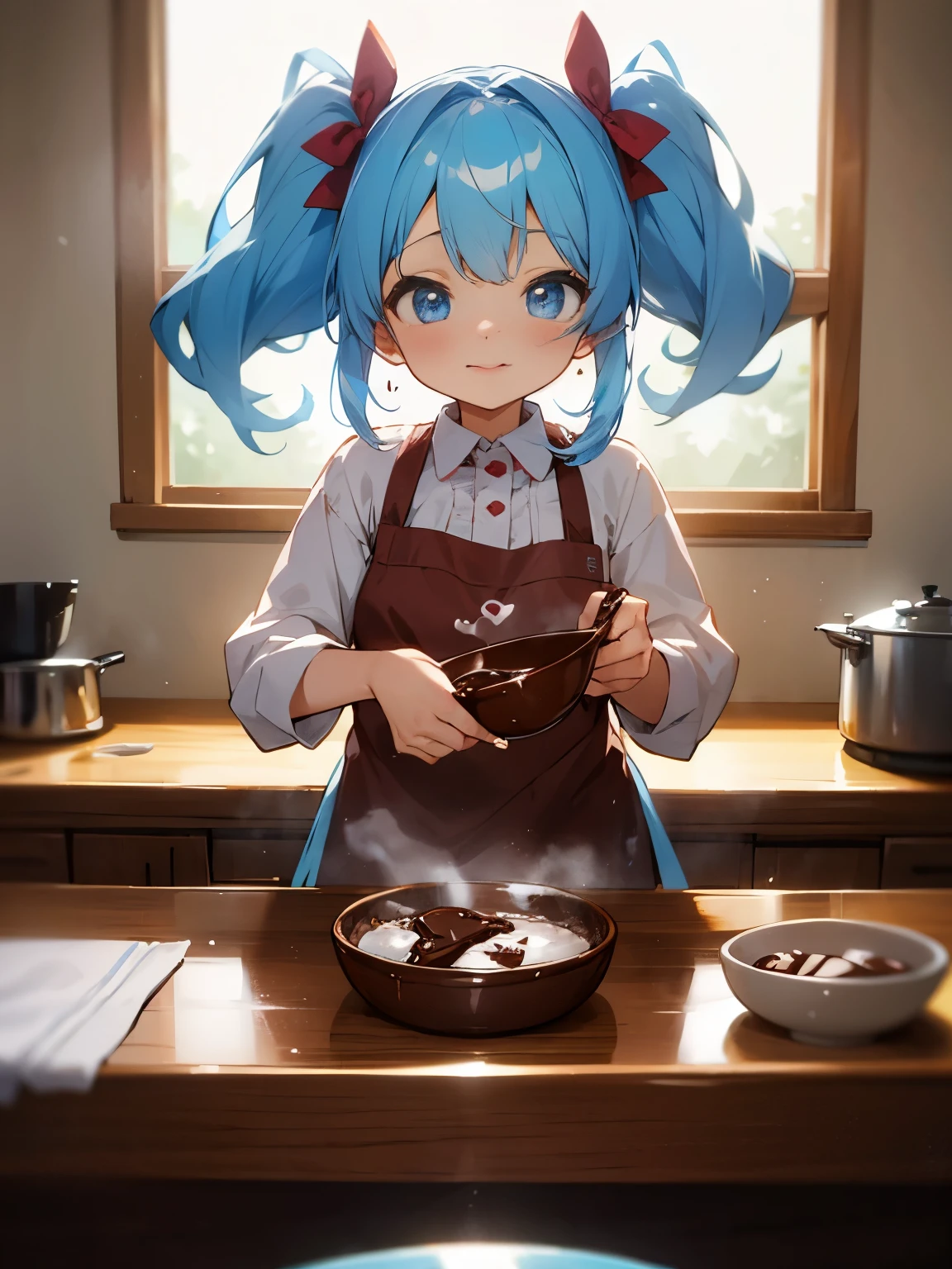 Valentine Valentine's Day preparation chocolate bowl chocolate bar handmade chocolate cooking cooking girl twintails light blue hair cute