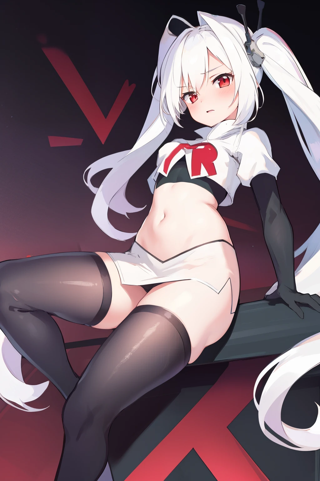 masterpiece:1.2,best quality:1.2, incredibly absurdres, absurdres, highres, wallpaper, colorful, anime,
1girl, solo, vampire \(azur lane\), , white hair, long hair, twintails, red eyes, team rocket,team rocket uniform,white skirt,red letter R,crop top,black thigh-highs,black elbow gloves