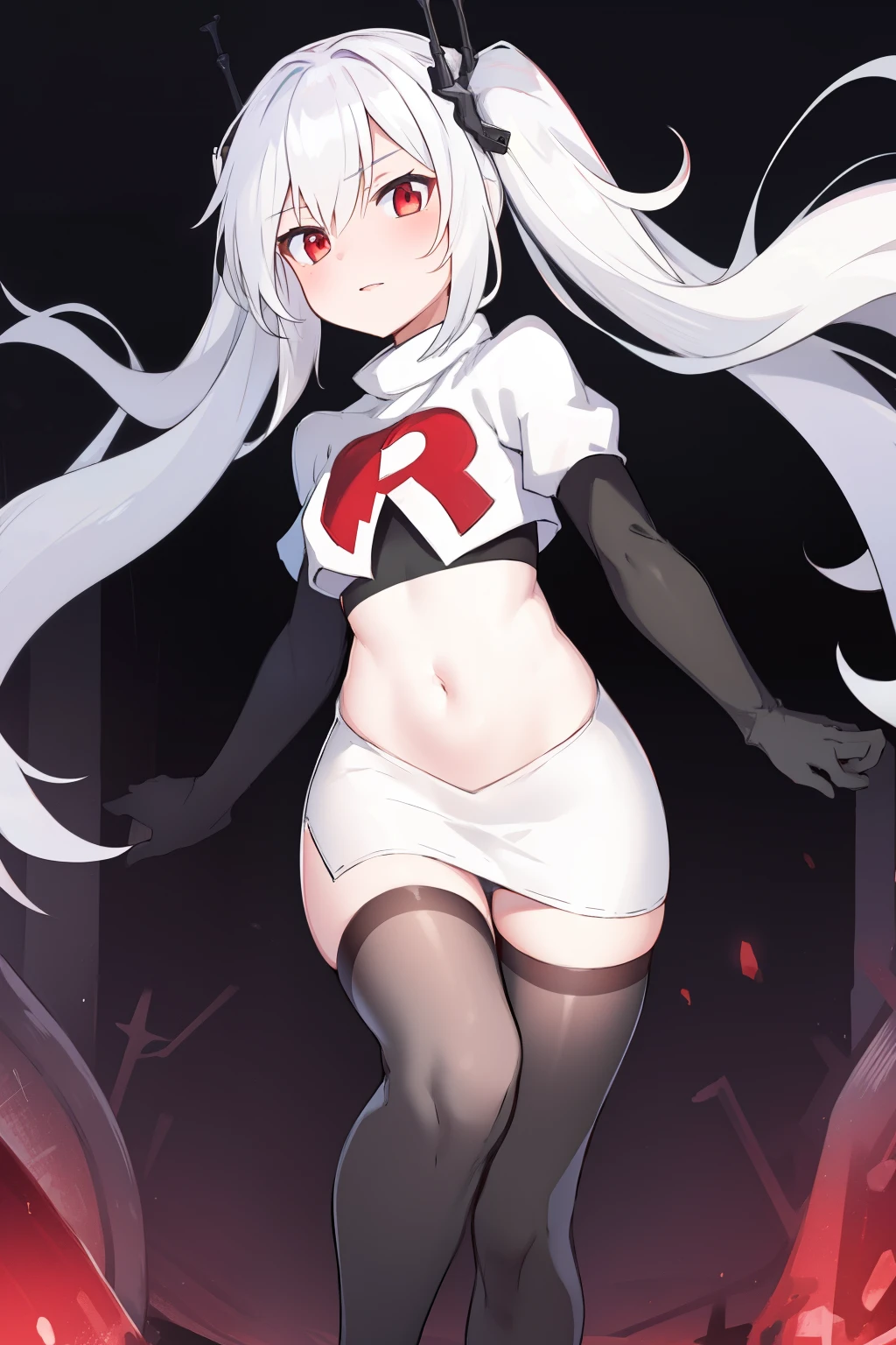 masterpiece:1.2,best quality:1.2, incredibly absurdres, absurdres, highres, wallpaper, colorful, anime,
1girl, solo, vampire \(azur lane\), , white hair, long hair, twintails, red eyes, team rocket,team rocket uniform,white skirt,red letter R,crop top,black thigh-highs,black elbow gloves