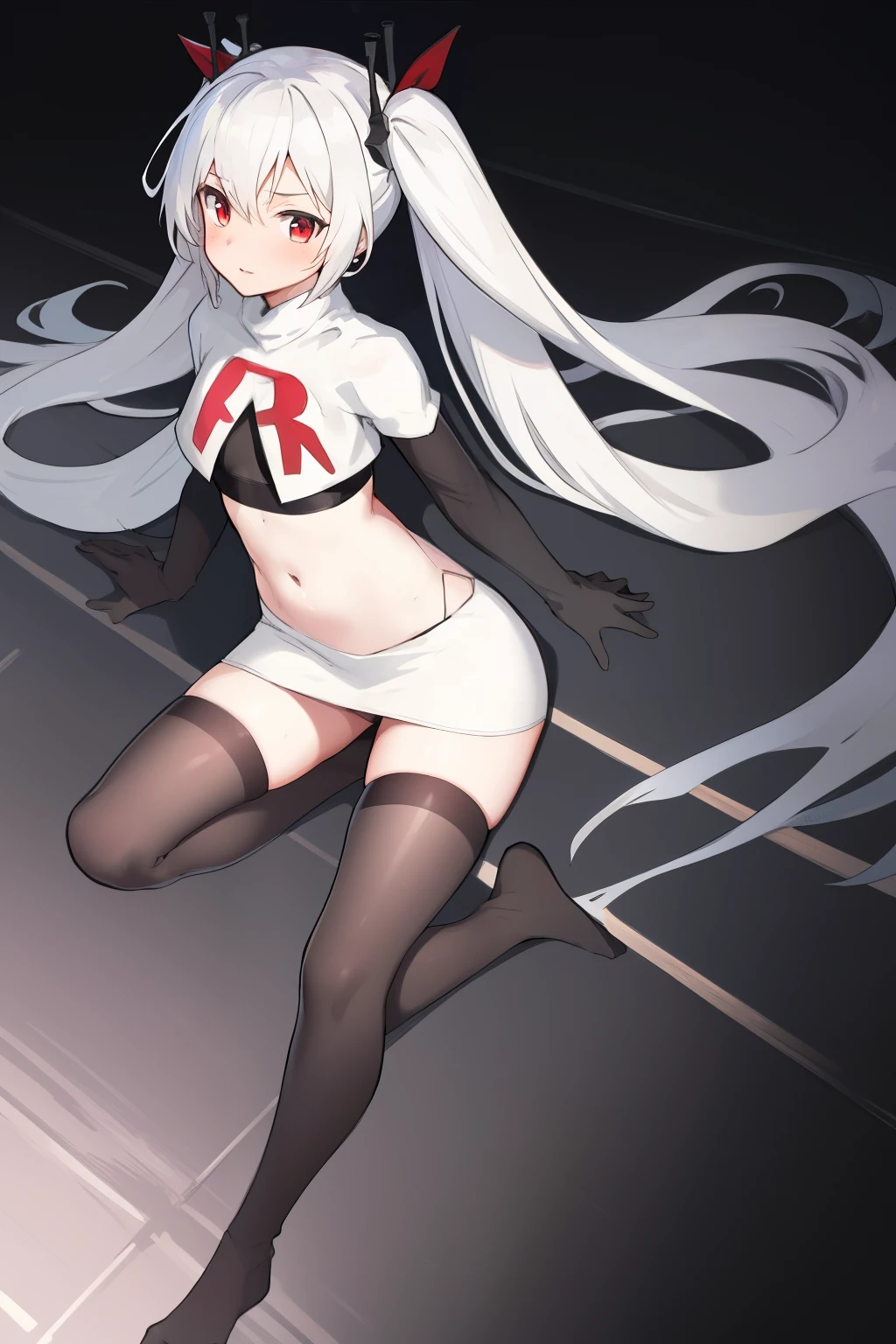 masterpiece:1.2,best quality:1.2, incredibly absurdres, absurdres, highres, wallpaper, colorful, anime,
1girl, solo, vampire \(azur lane\), , white hair, long hair, twintails, red eyes, team rocket,team rocket uniform,white skirt,red letter R,crop top,black thigh-highs,black elbow gloves